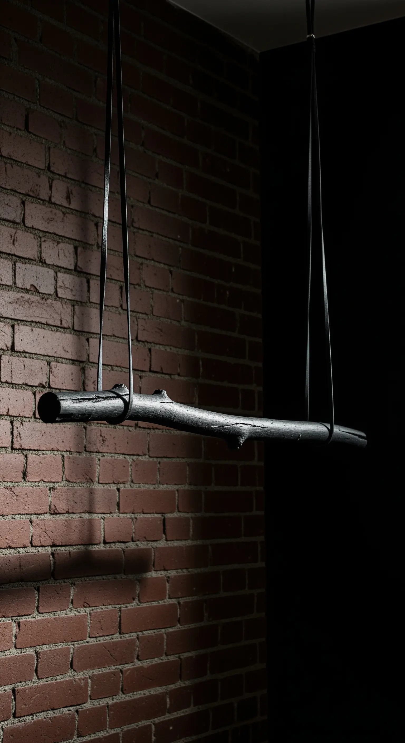Ramo nero opaco sospeso con cinghie di pelle nera contro una parete di mattoni rossi.