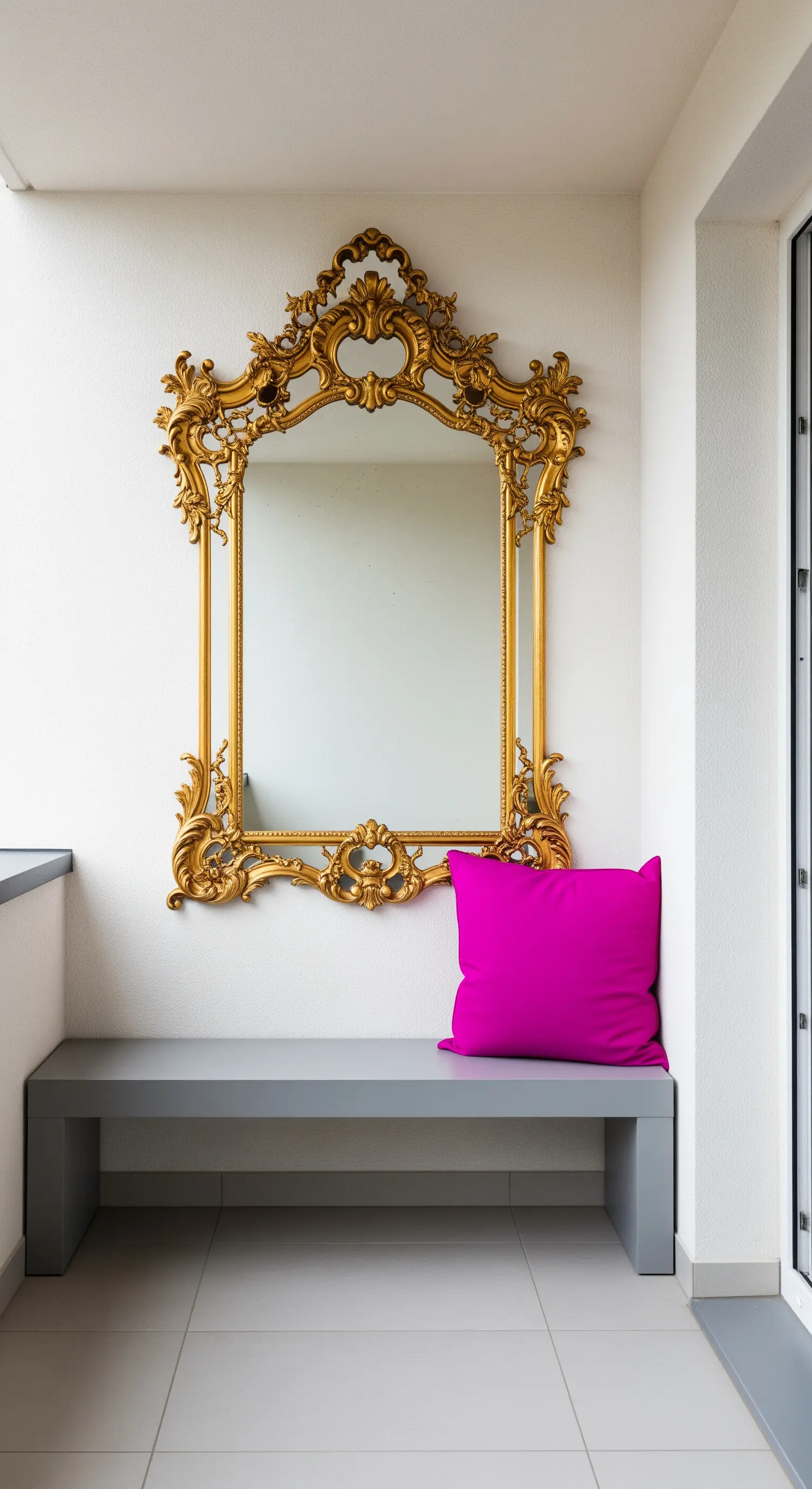 Balcone minimalista con panca grigia, specchio barocco dorato e un unico cuscino magenta.