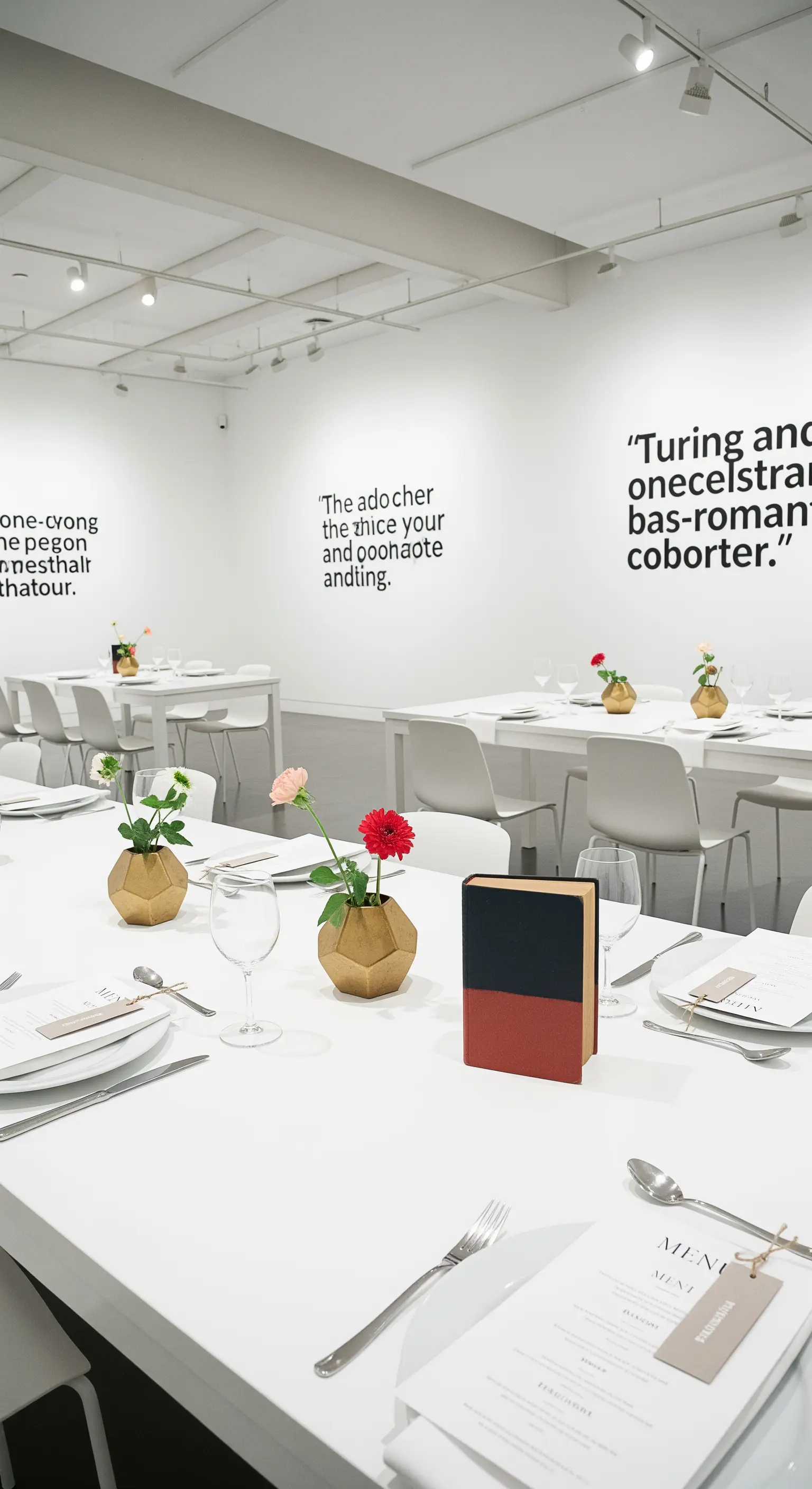 Sala da ricevimento minimalista e bianca con citazioni sul muro e libri come centrotavola.