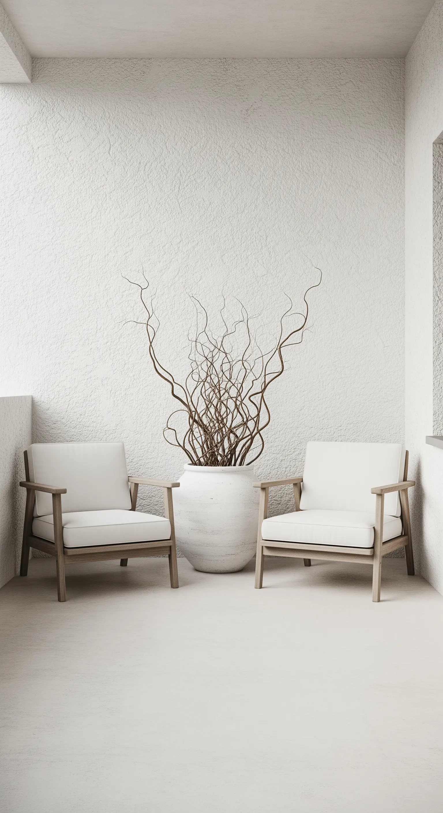 Balcone minimalista con due poltrone bianche e un grande vaso con rami secchi contorti.