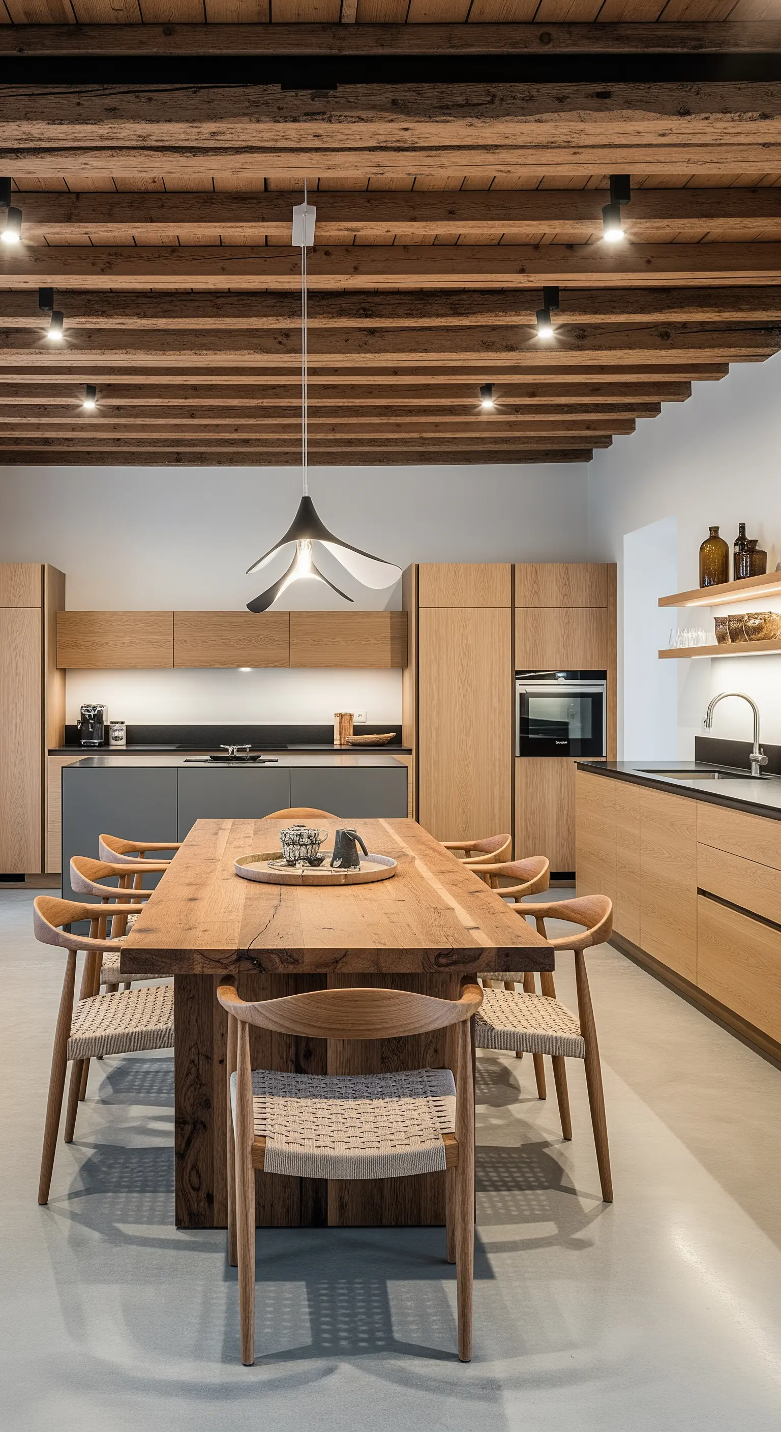 Cucina minimalista con mobili in legno chiaro, tavolo grezzo e travi a vista.