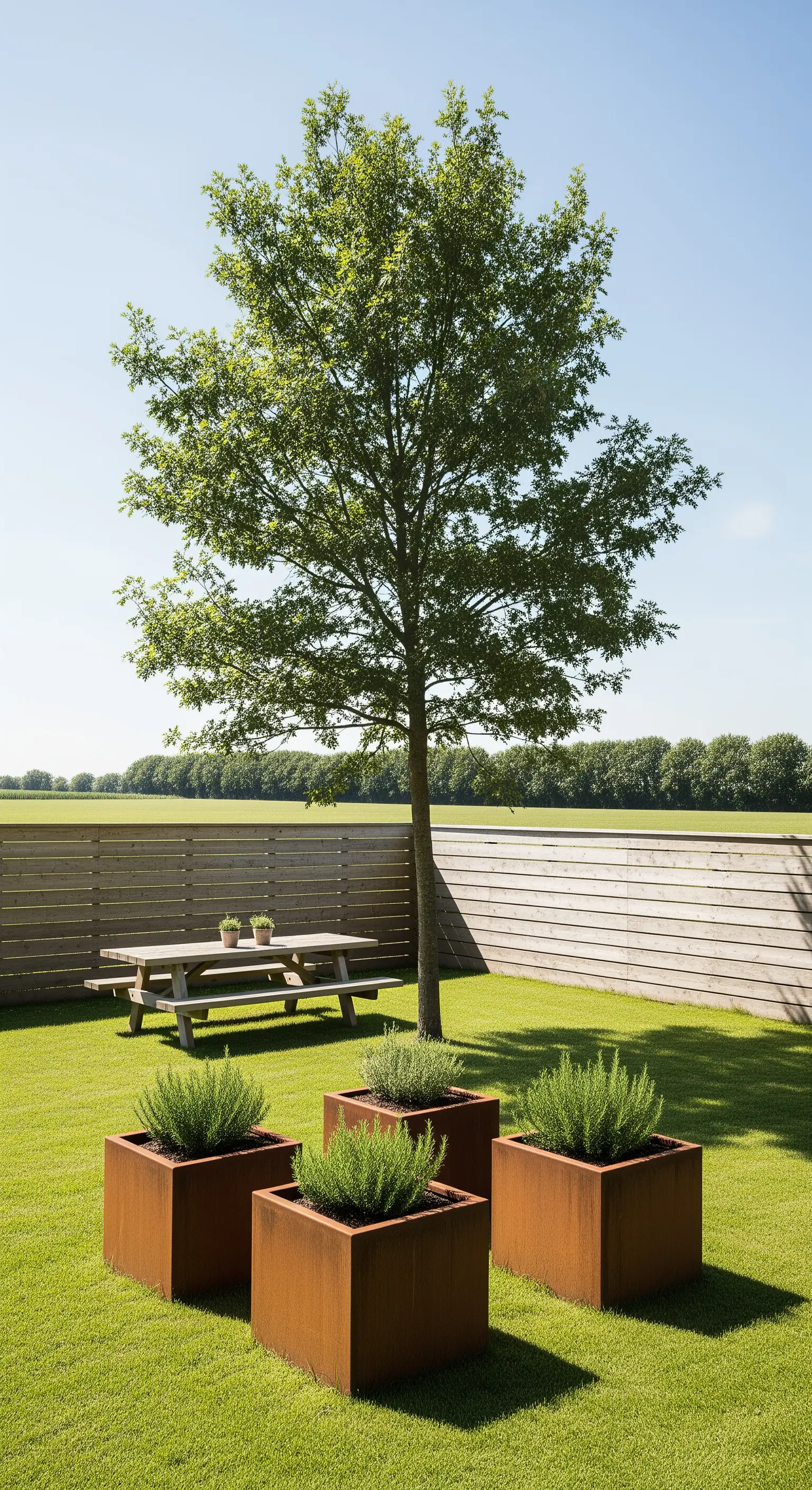 Quattro vasi cubici in acciaio Corten con piante di rosmarino su un prato curato.