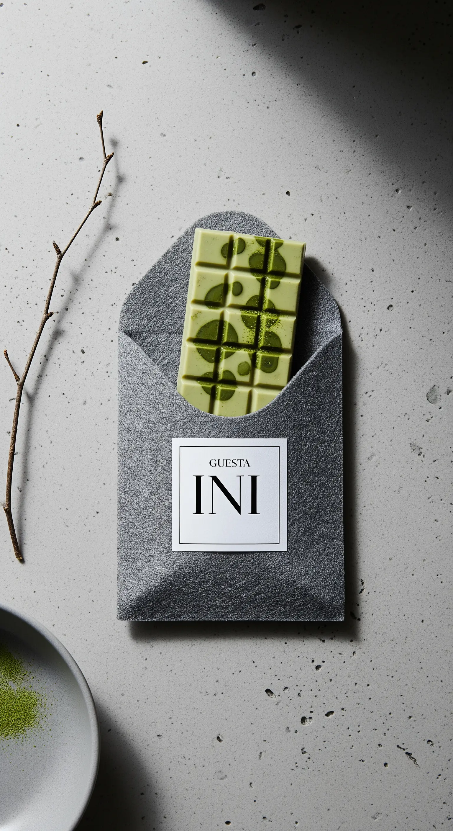 Tavoletta di cioccolato al matcha in una busta di feltro grigio con etichetta minimalista.