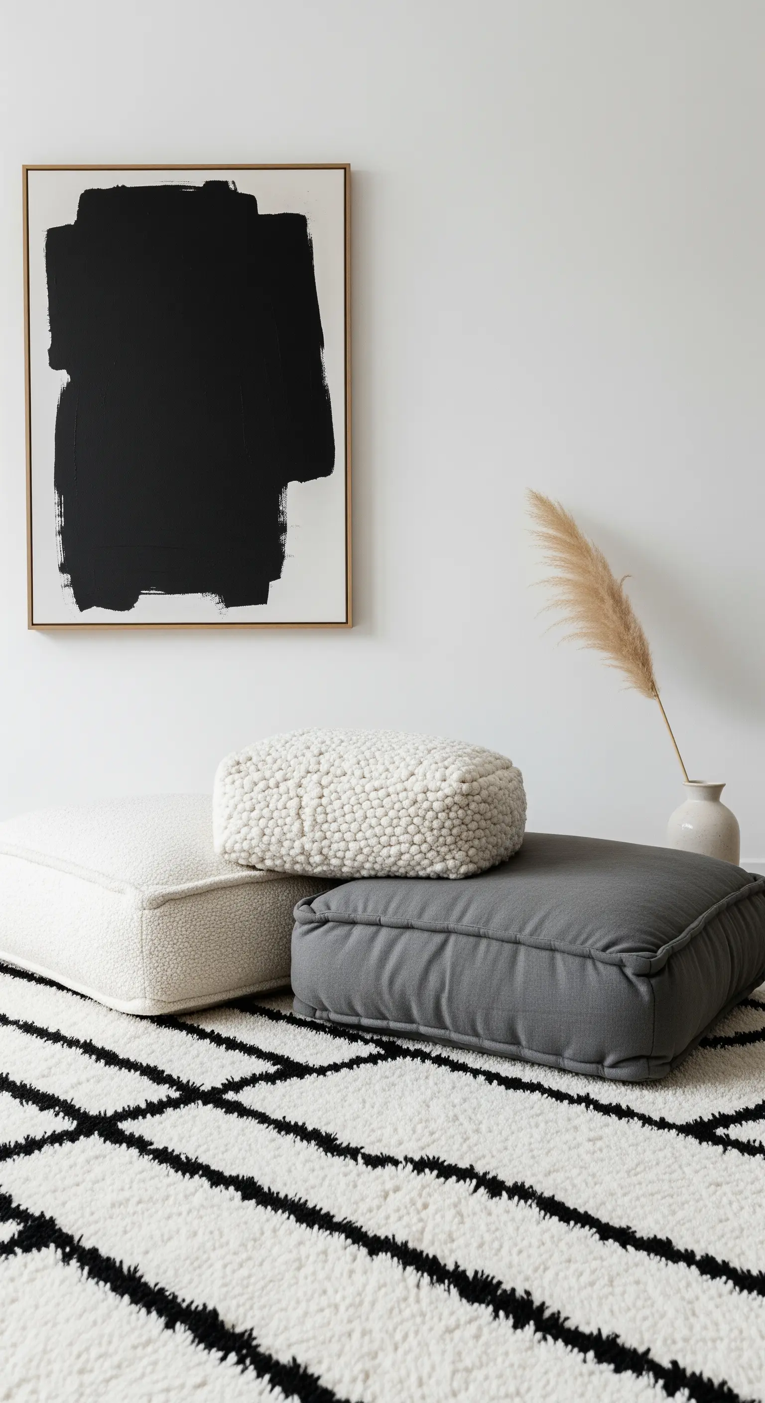 Composizione minimalista con cuscini da pavimento bianchi e grigi su un tappeto grafico bianco e nero.