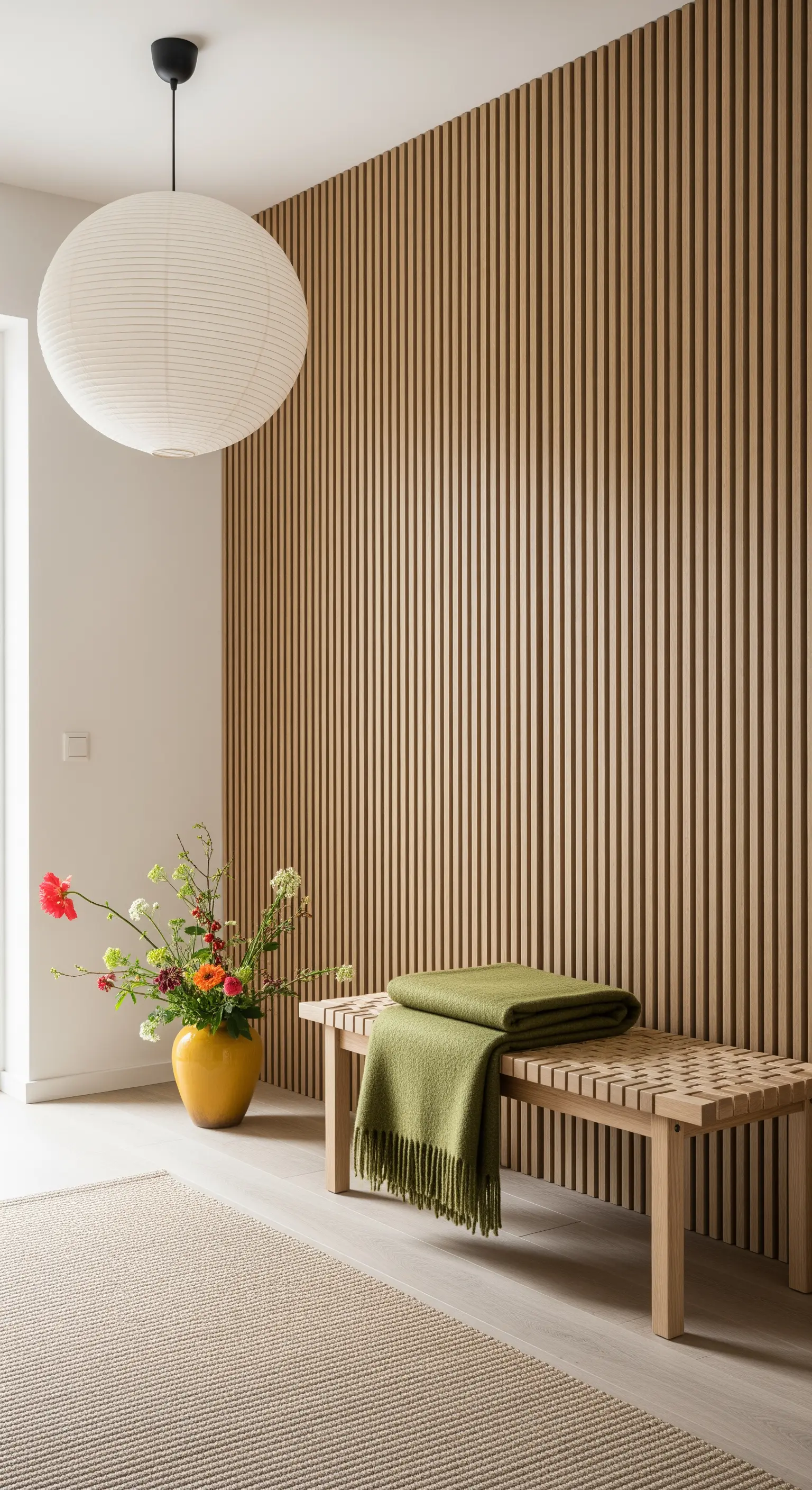 Parete con listelli di legno, panca di design con plaid verde e vaso senape in stile scandinavo.
