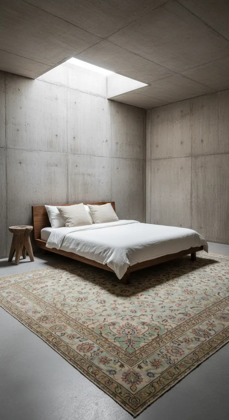 Camera da letto minimalista con pareti in cemento e un grande tappeto persiano chiaro.