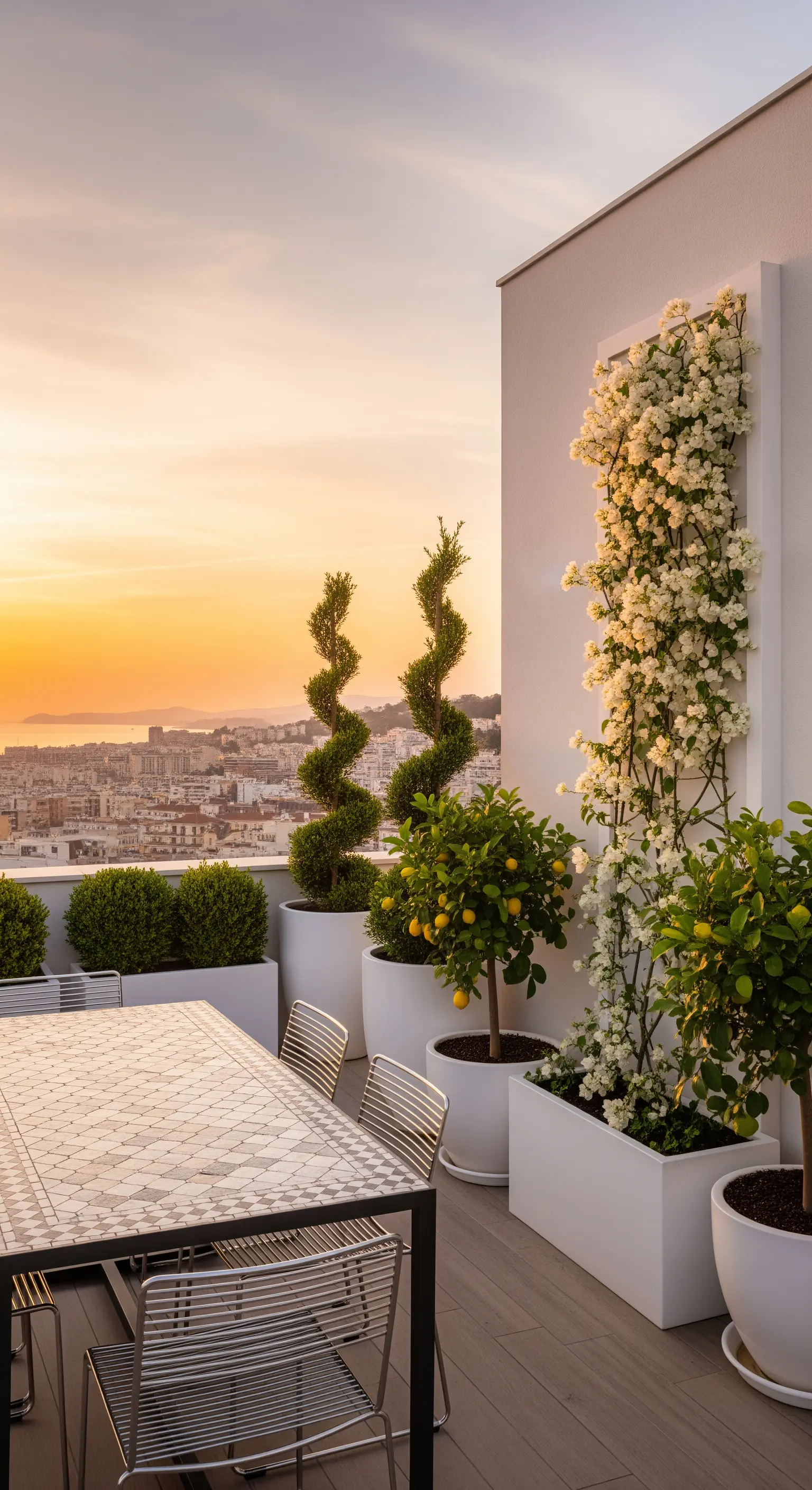 Terrazza moderna con vasi bianchi, agrumi, bouganville bianca e tavolo in mosaico.