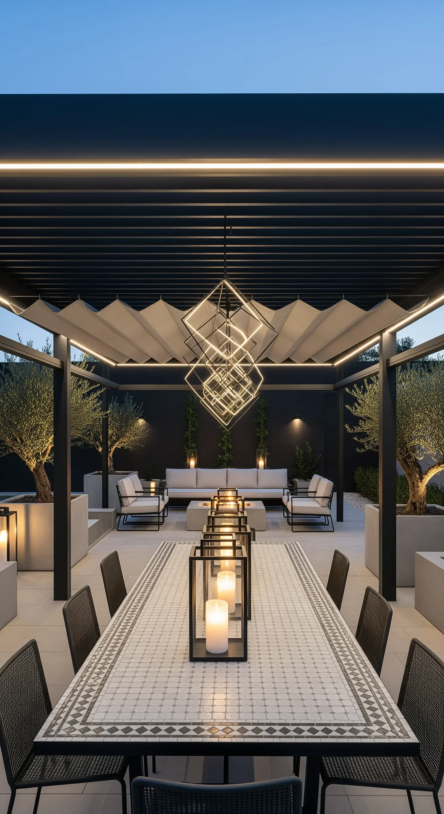 Pergola moderna nera con illuminazione LED integrata e lampadario geometrico sopra un tavolo