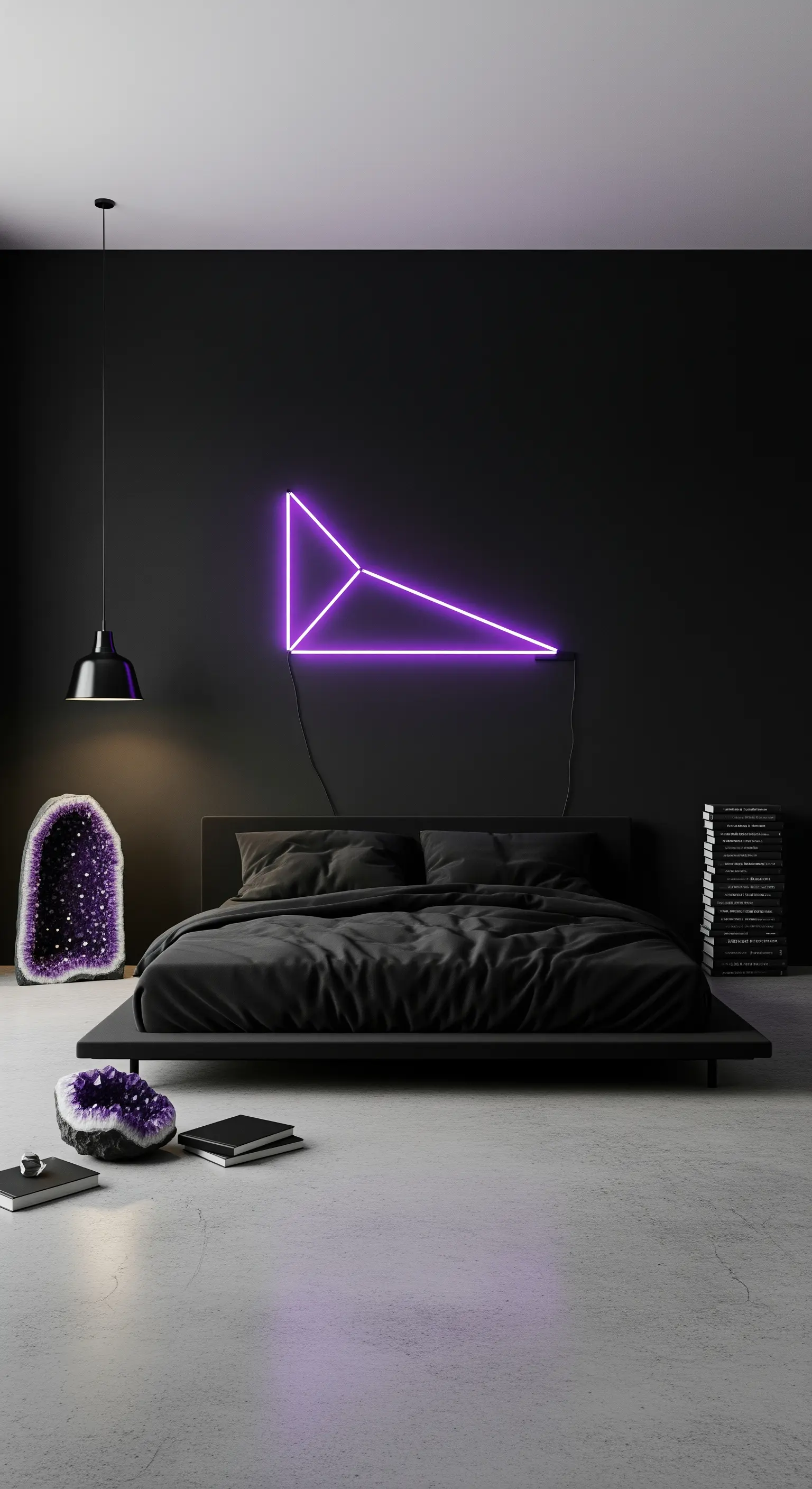 Stanza minimalista con parete nera, letto basso, neon viola e geodi di ametista.