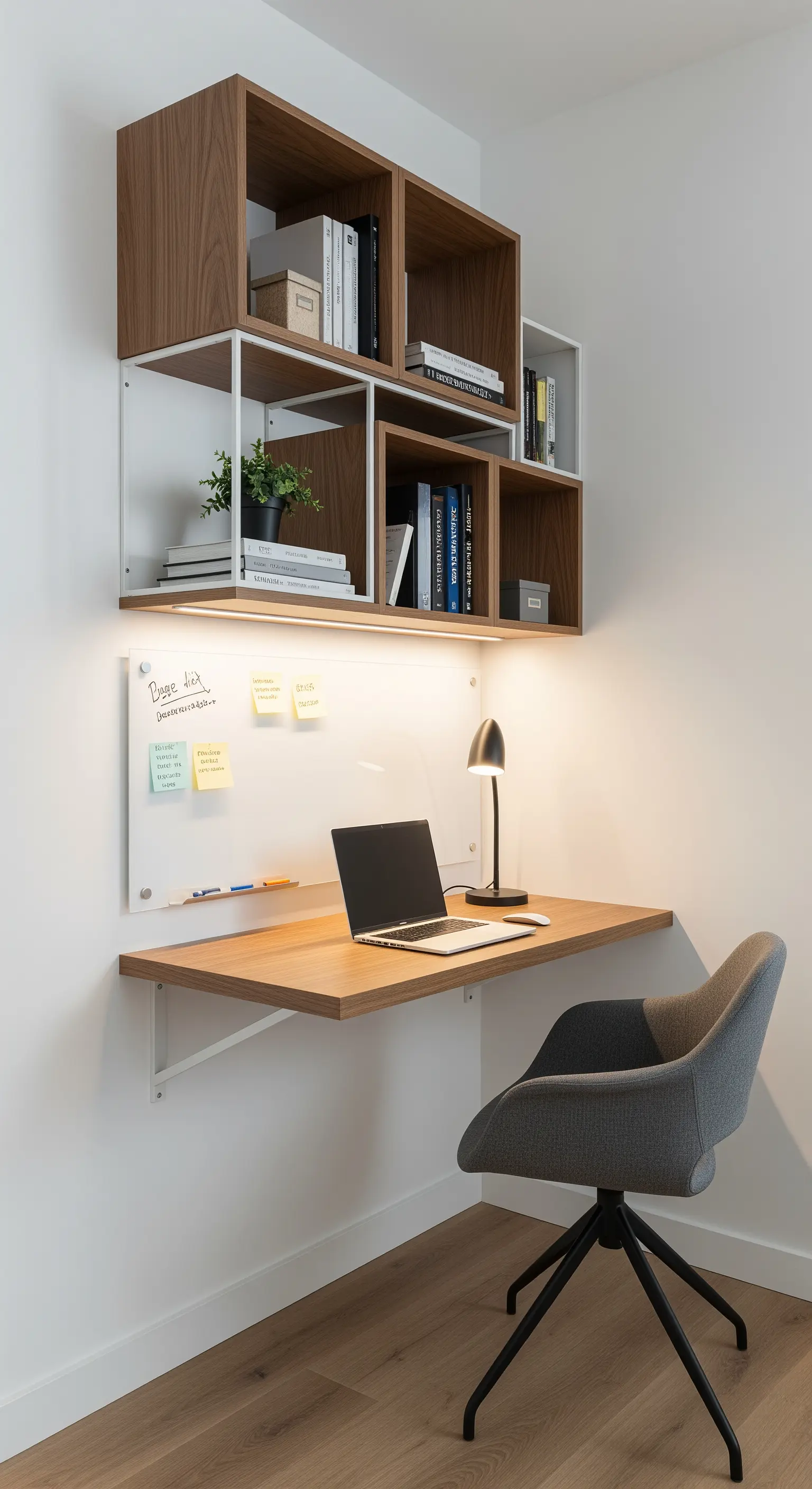 Scrivania sospesa in legno con illuminazione LED integrata e mensole modulari.