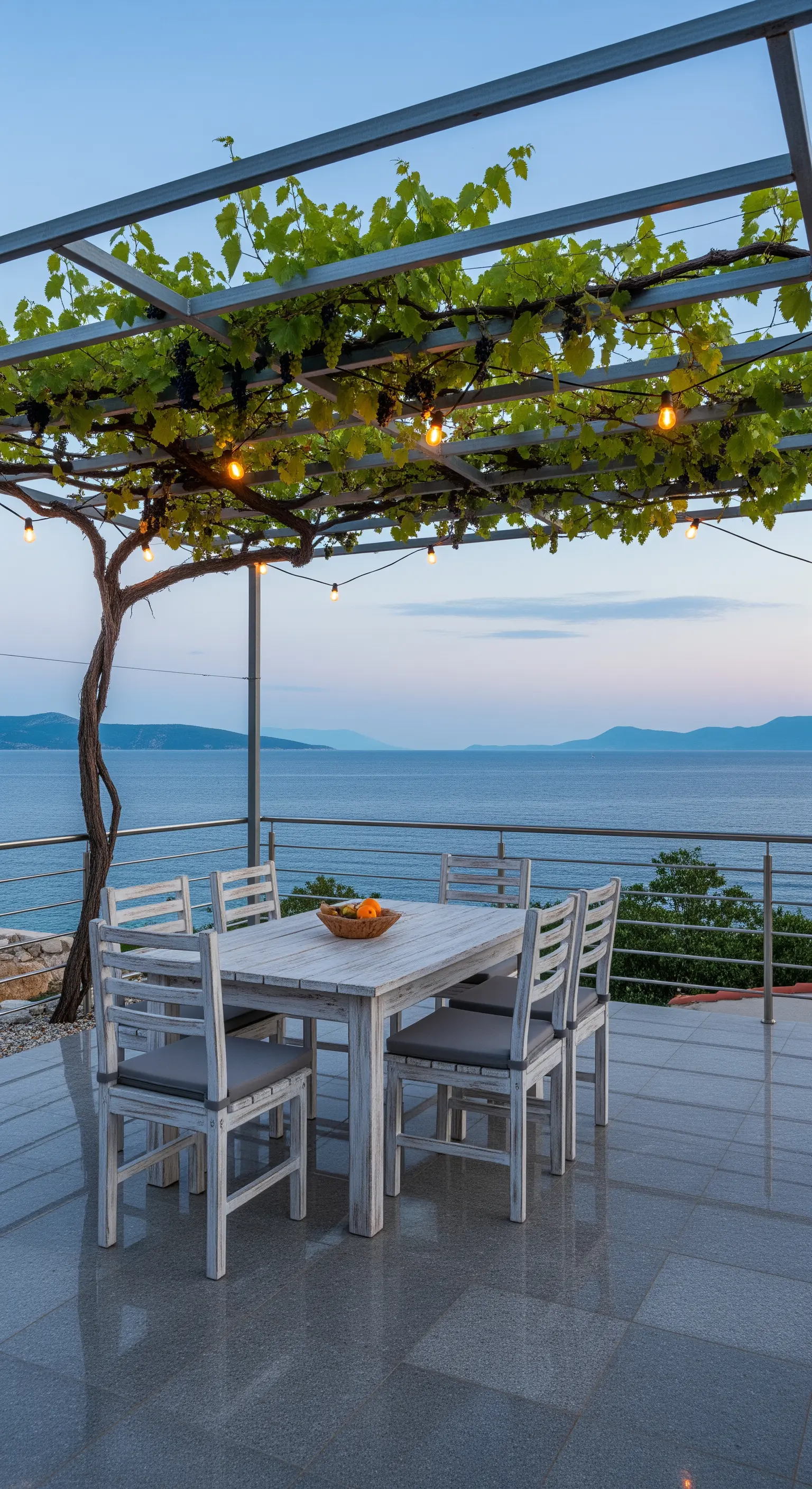 Pergola moderna in metallo con tavolo e sedie bianche su una terrazza vista mare.