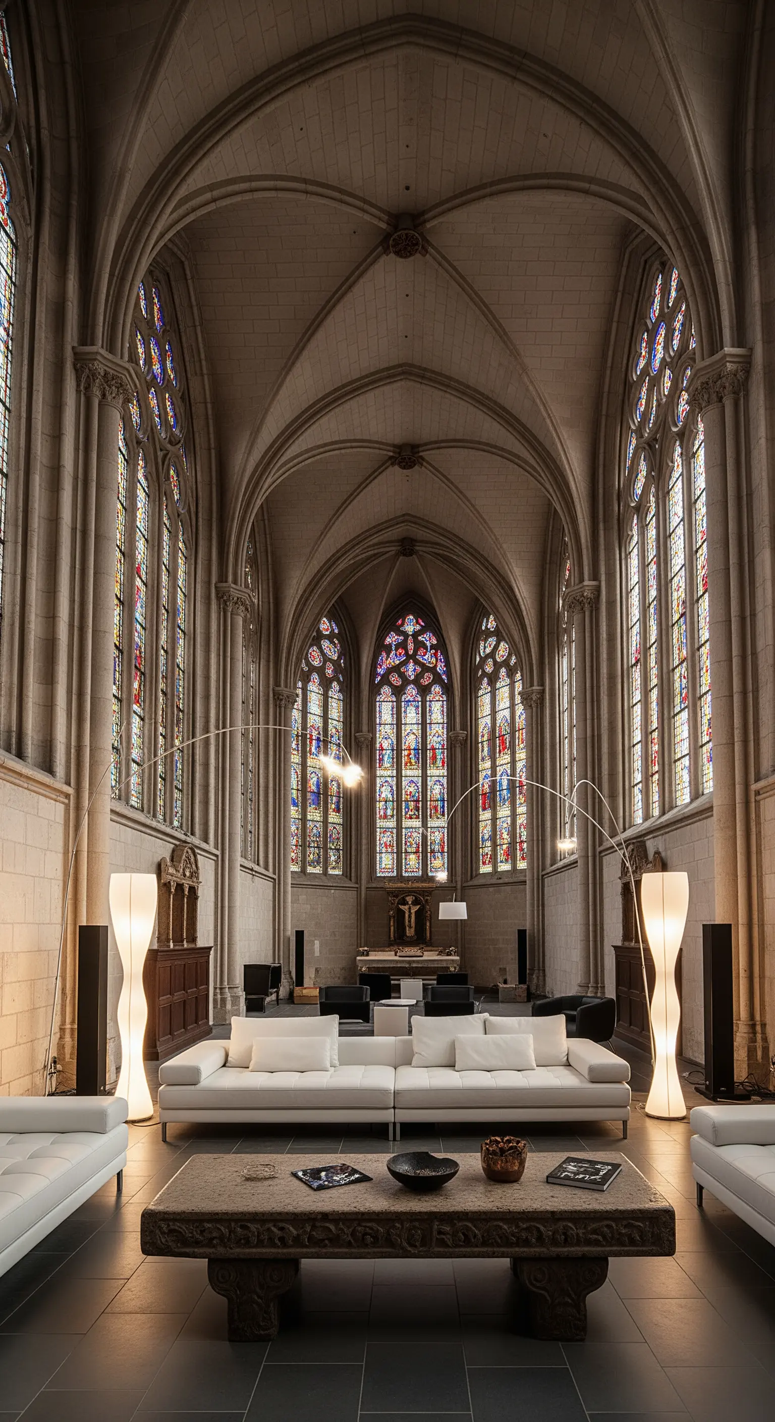 Salotto moderno all'interno di una chiesa con soffitti a volta, vetrate e divani bianchi minimalisti.
