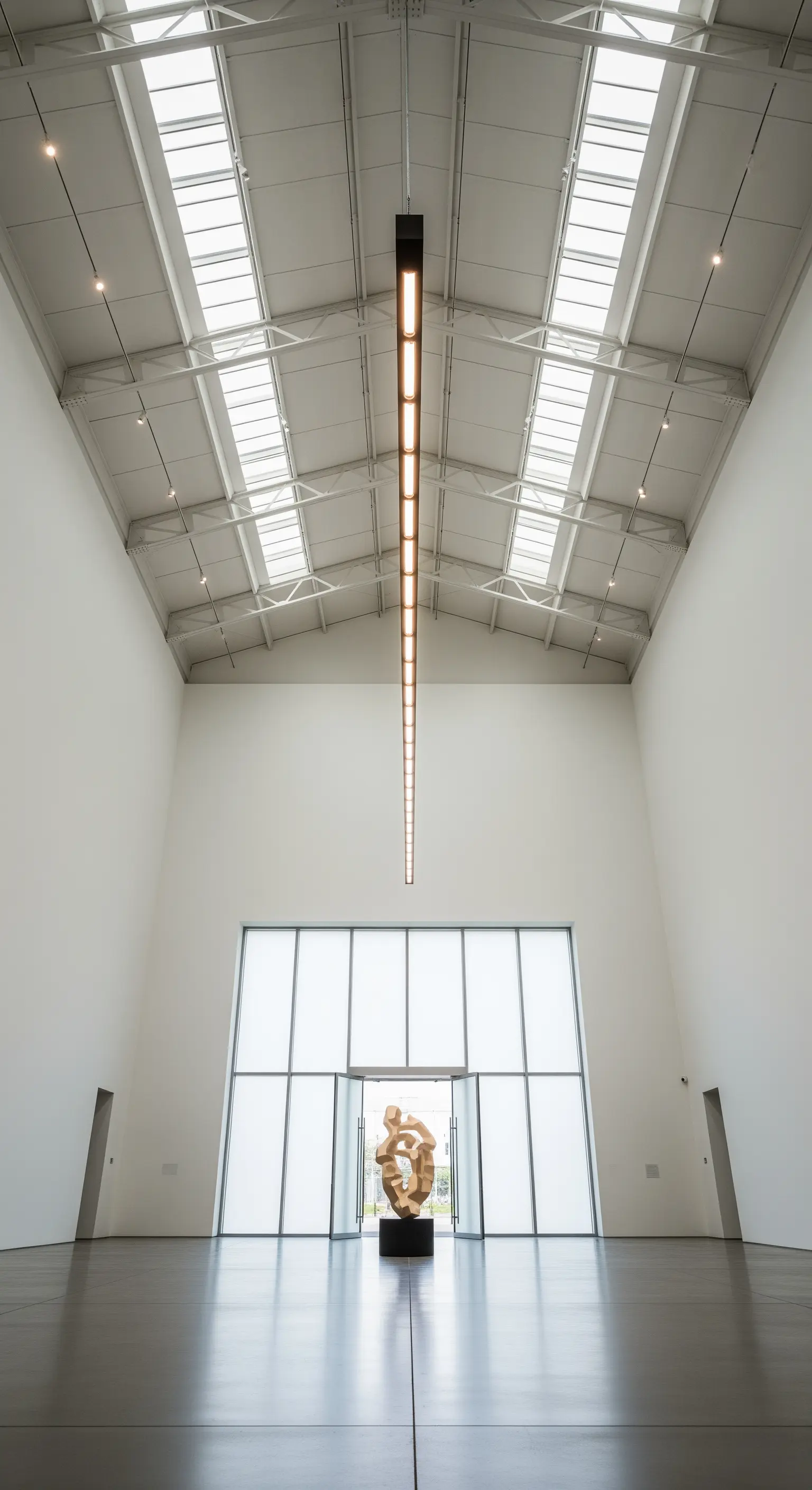 Vasto ingresso bianco minimalista con soffitto industriale e una lunga e sottile lampada a LED sospesa.