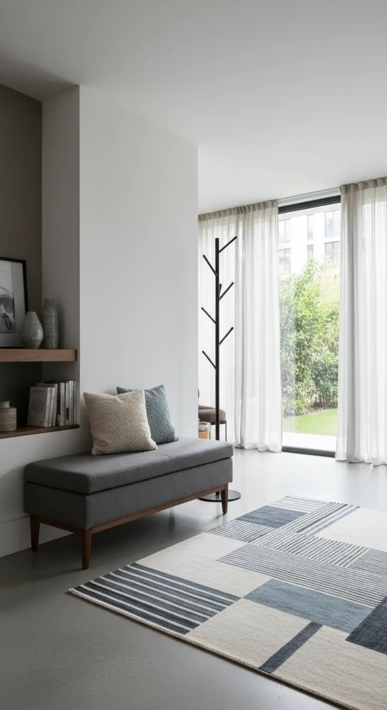 Panca contenitore grigia in tessuto vicino a un appendiabiti di design a stelo.