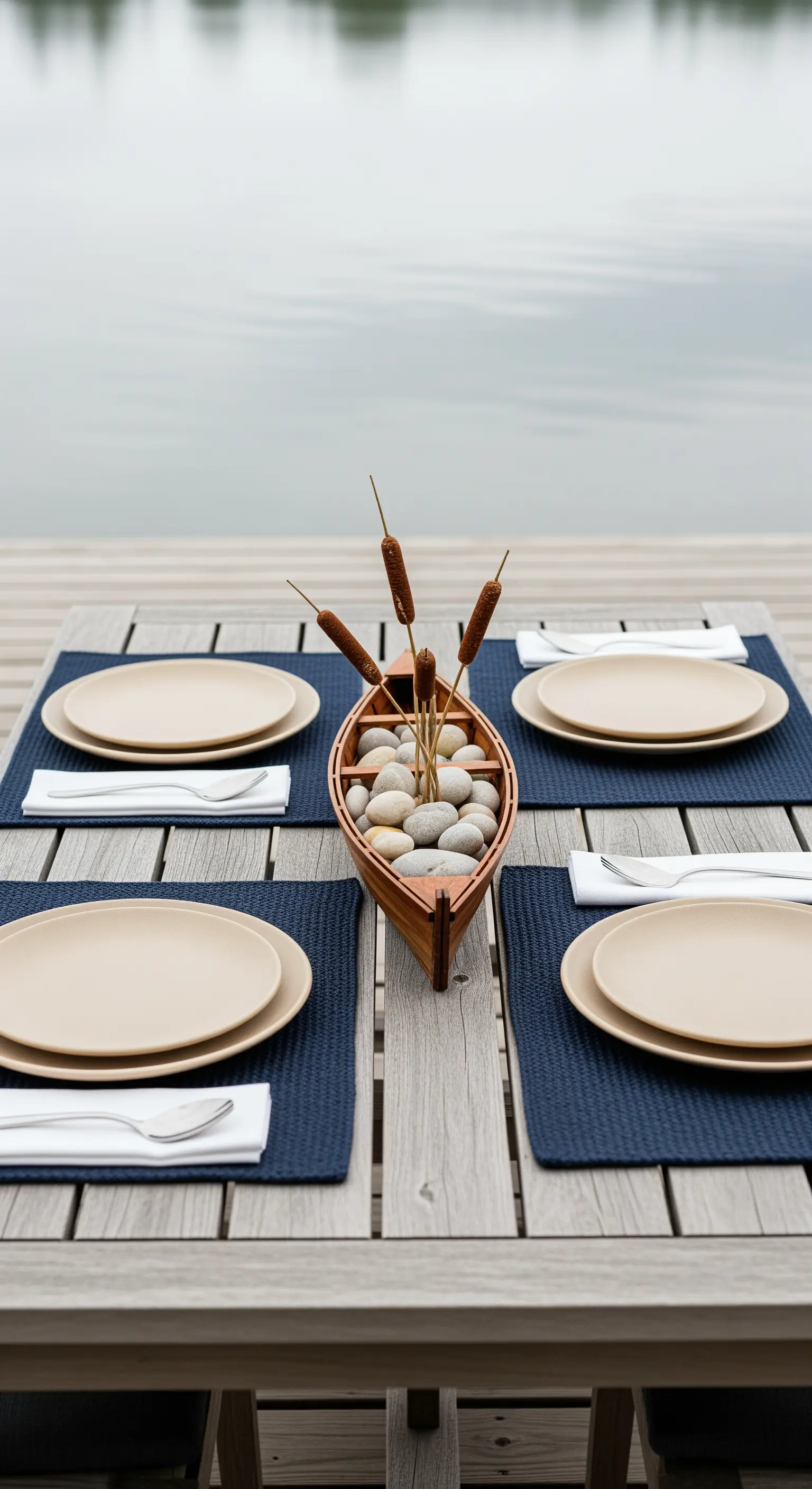 Tavola su un molo con centrotavola a forma di barca con sassi e piante acquatiche.