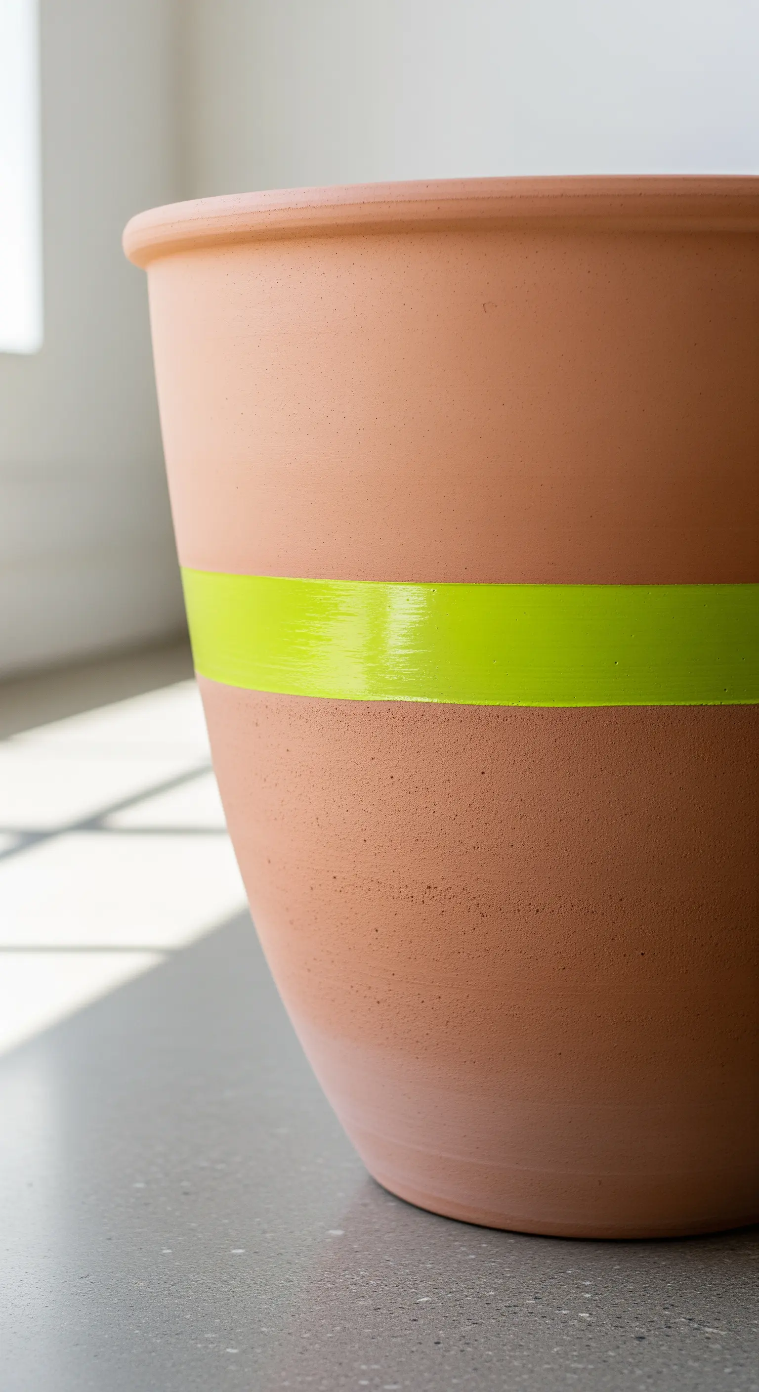 Dettaglio di un grande vaso di terracotta con una singola banda orizzontale di colore verde neon lucido.
