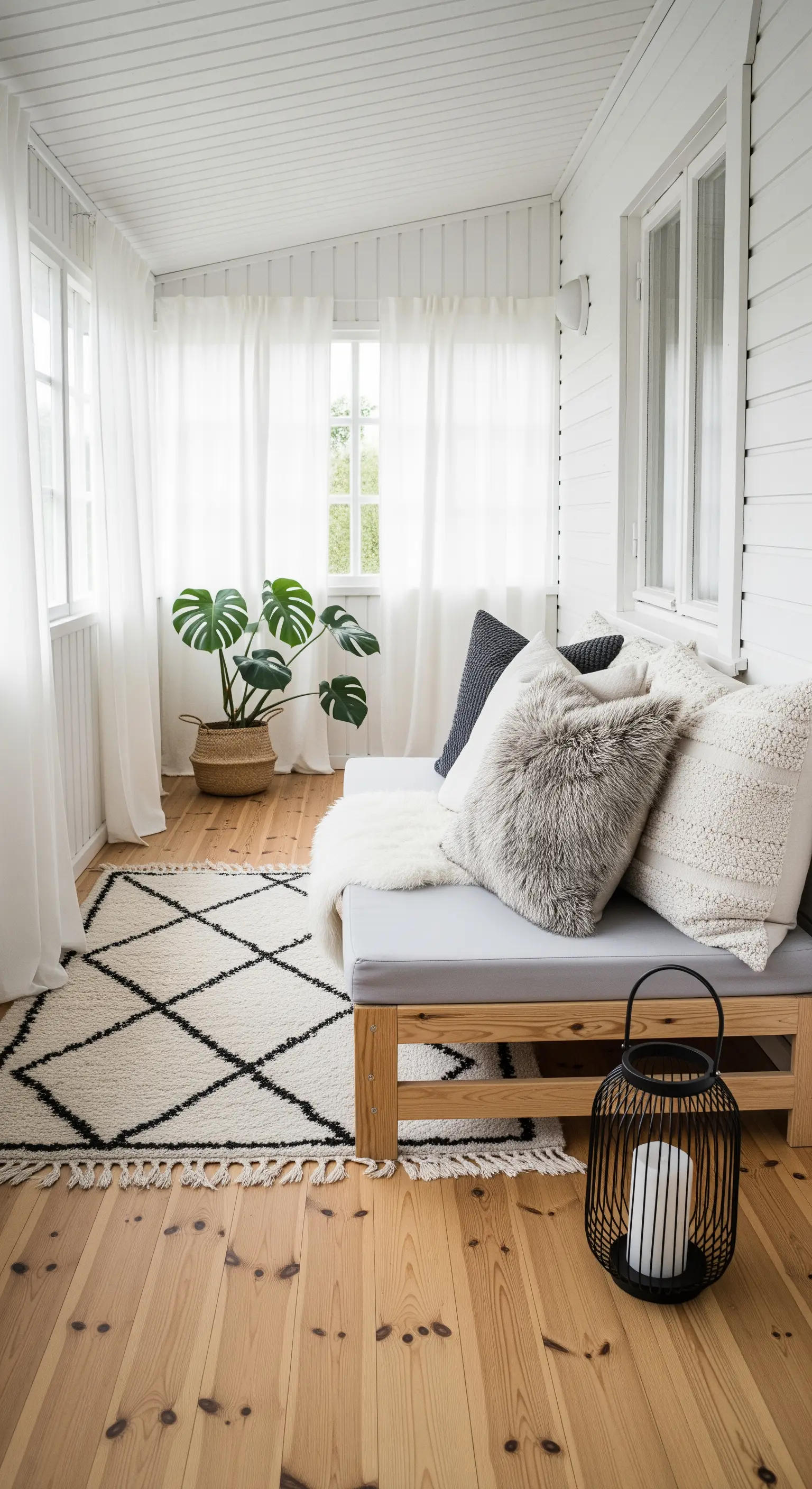 Veranda in stile scandinavo-boho con divanetto in legno, tappeto a rombi e cuscini materici.