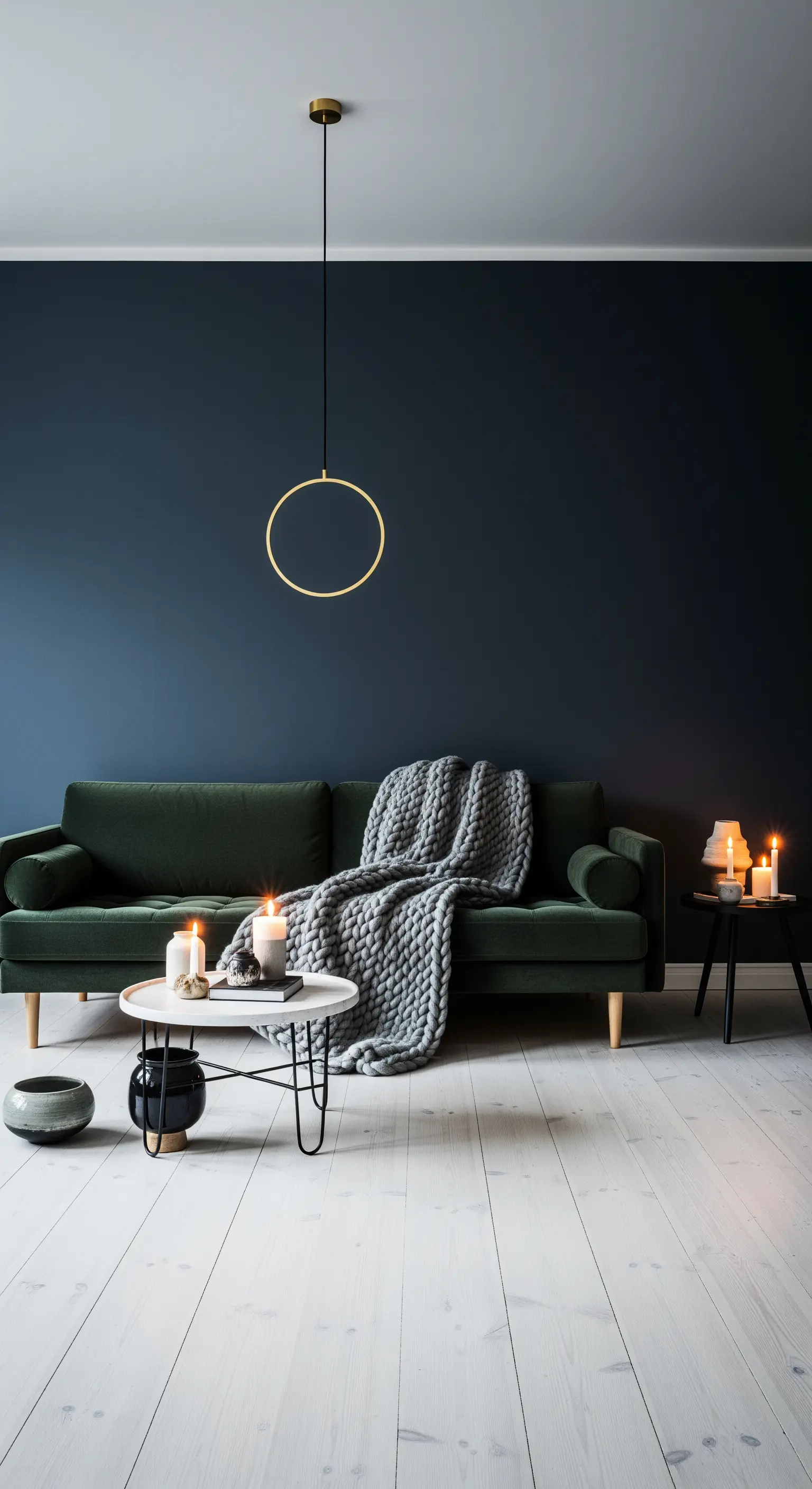 Salotto minimalista con parete blu, divano verde e lampada a sospensione dorata.