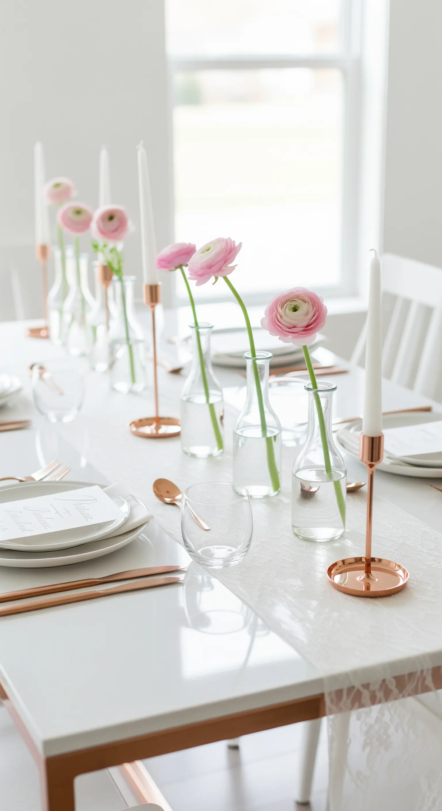 Tavola nuziale minimalista con runner in pizzo, fiori singoli in vasetti e dettagli in rame.