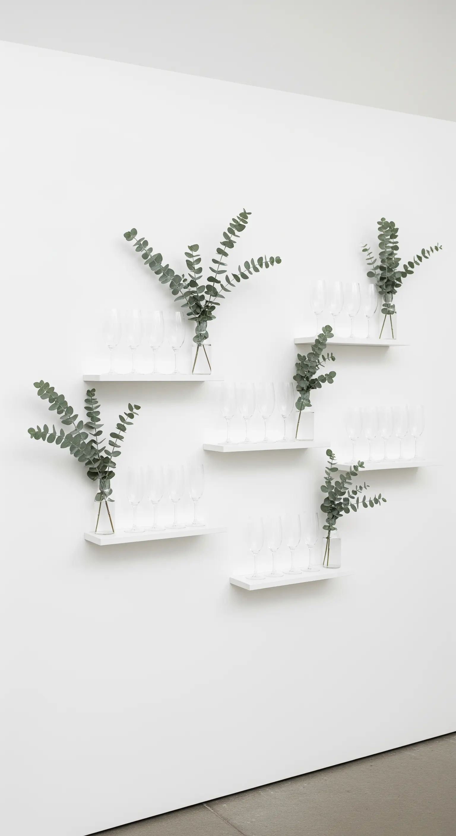 Mensole bianche fluttuanti su una parete bianca, con calici e rami di eucalipto.