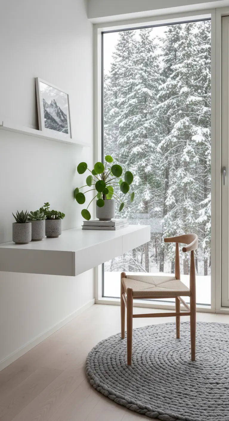 Scrivania bianca sospesa davanti a una grande finestra con vista su una foresta innevata.