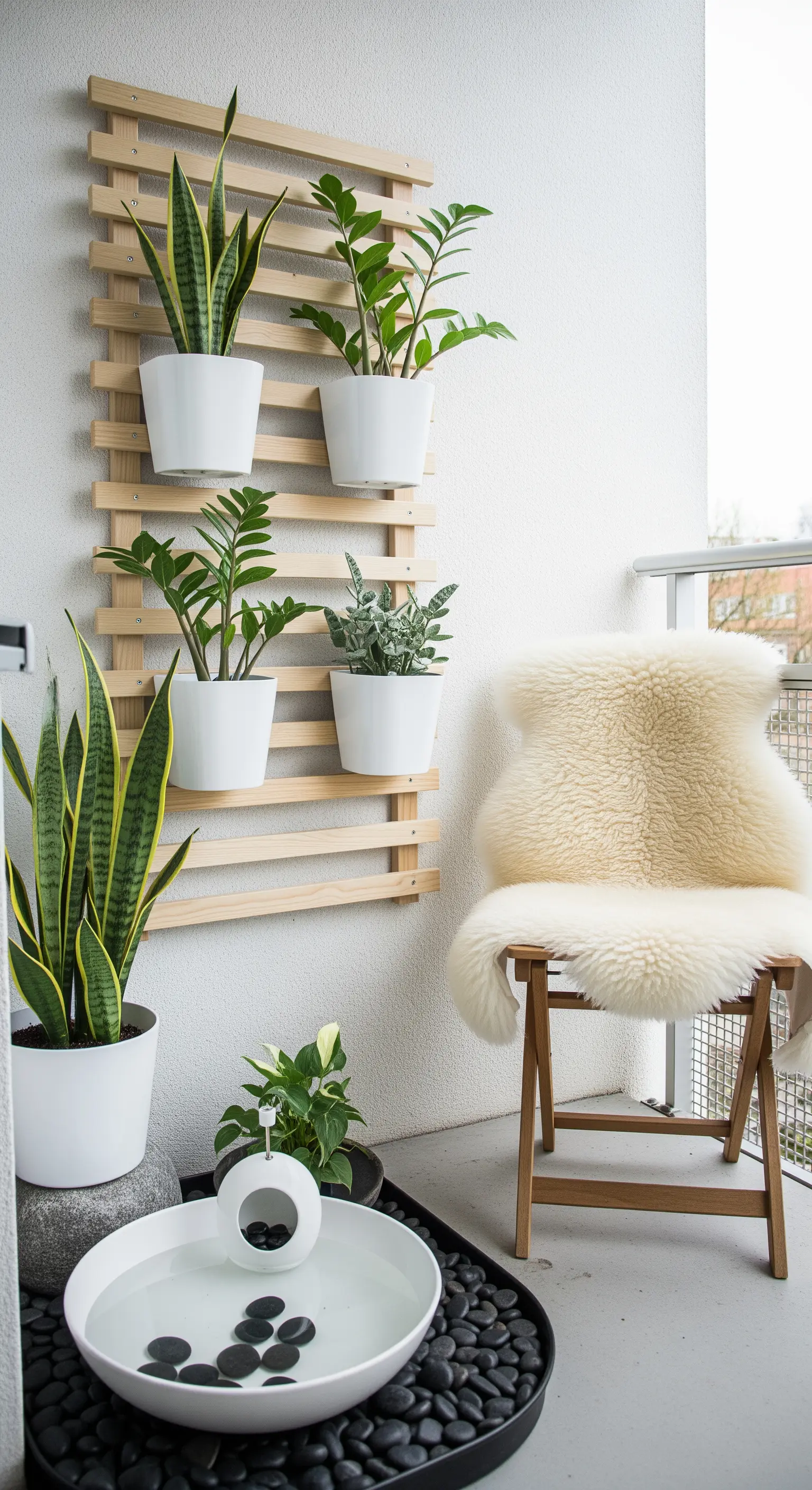 Balcone in stile scandinavo con graticcio in legno, vasi bianchi e una ciotola d'acqua.