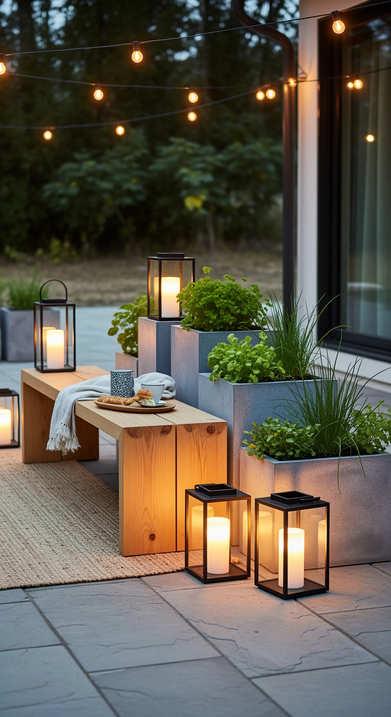 Angolo relax con panca in legno chiaro, fioriere in cemento e lanterne minimaliste nere.
