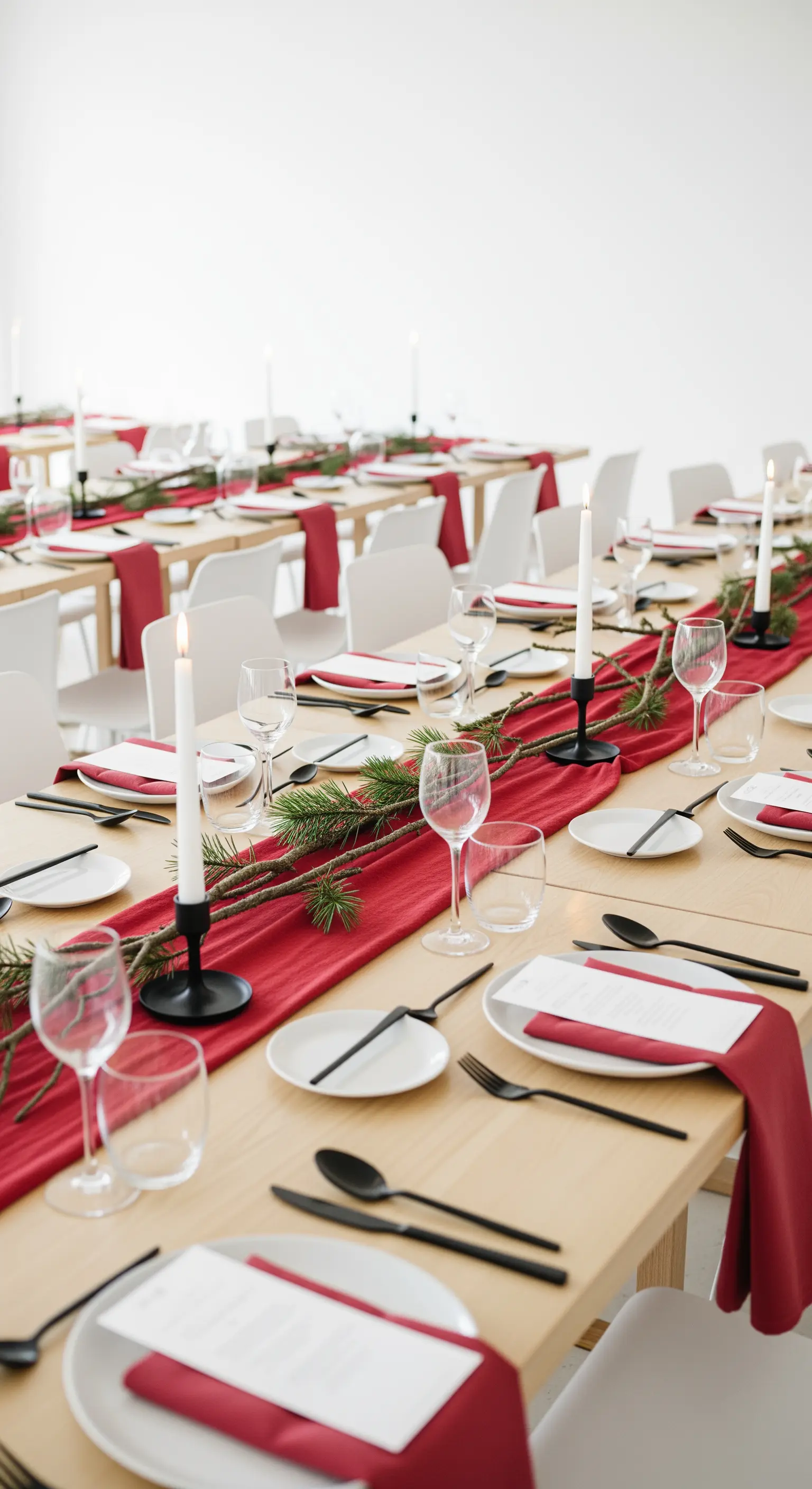 Tavolata minimalista con runner rosso su tavolo in legno, posate nere e pino.