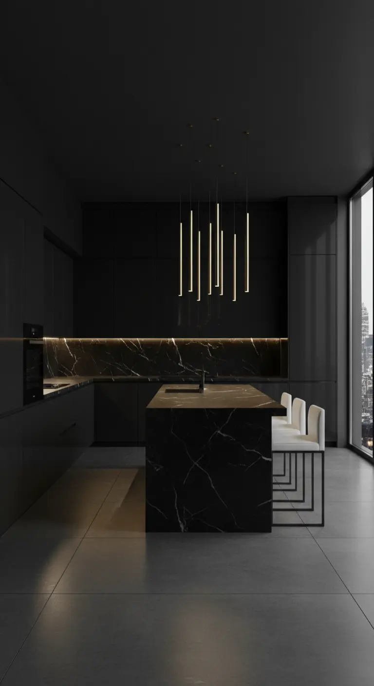 Cucina nera minimalista con isola in marmo e lampade a sospensione verticali e sottili.