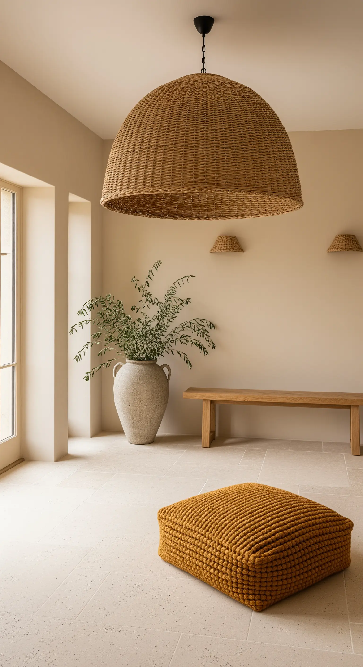 Ingresso minimalista con grande lampada in rattan, vaso con rami d'ulivo e pouf intrecciato senape.