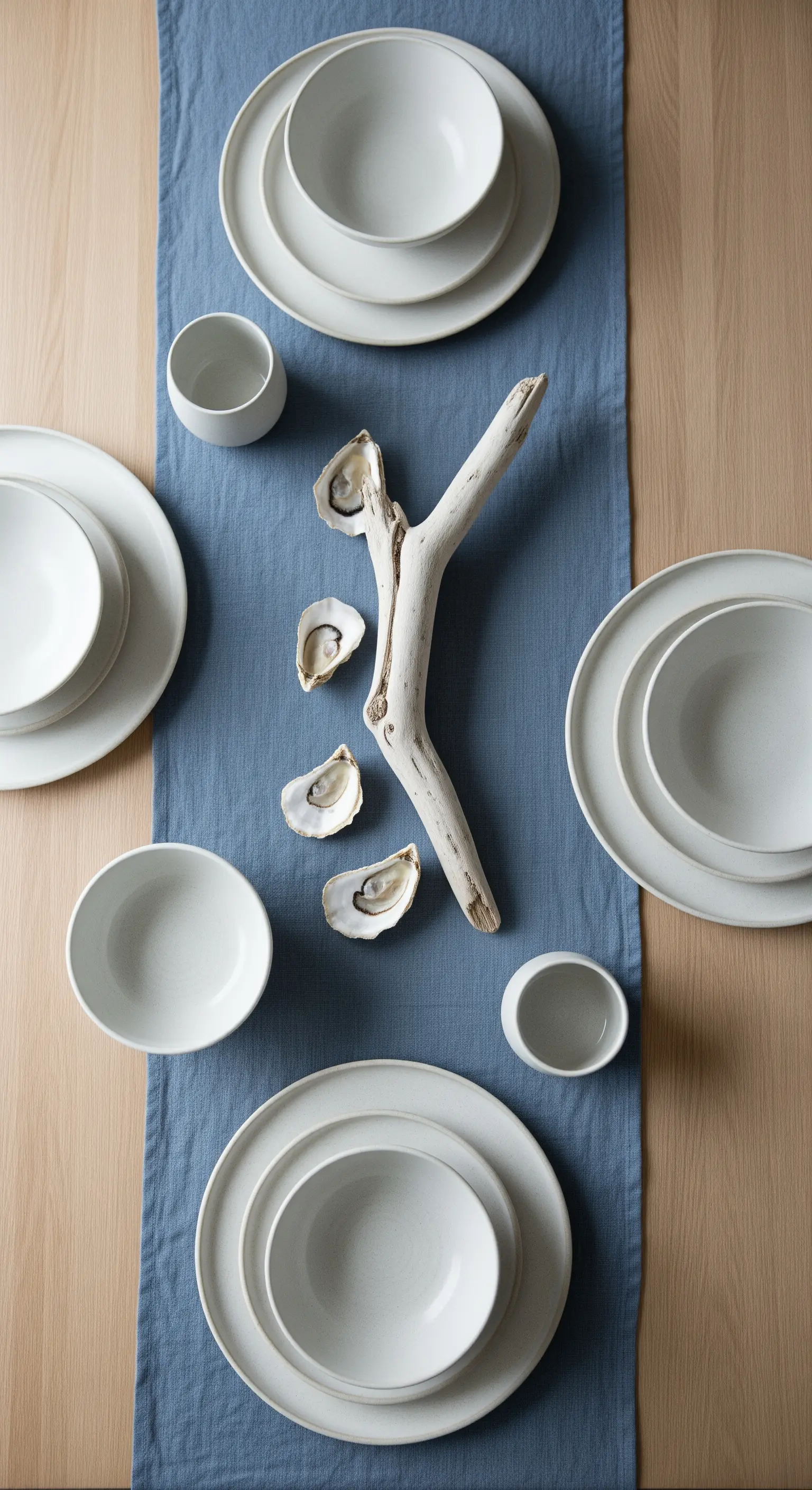 Allestimento minimalista con runner azzurro, ceramica bianca e gusci d'ostrica.