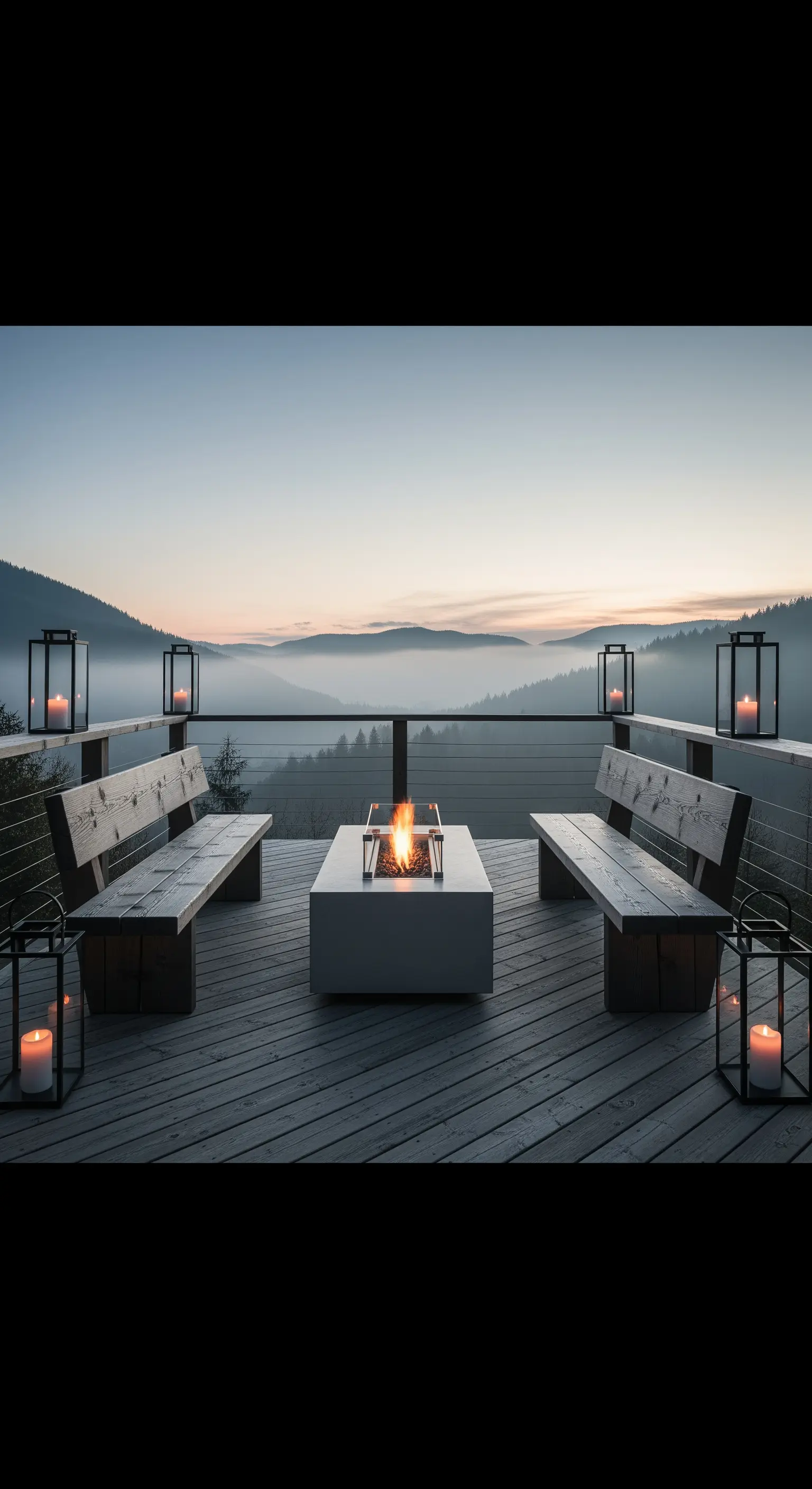 Terrazza panoramica con braciere moderno, panche in legno e lanterne minimaliste.