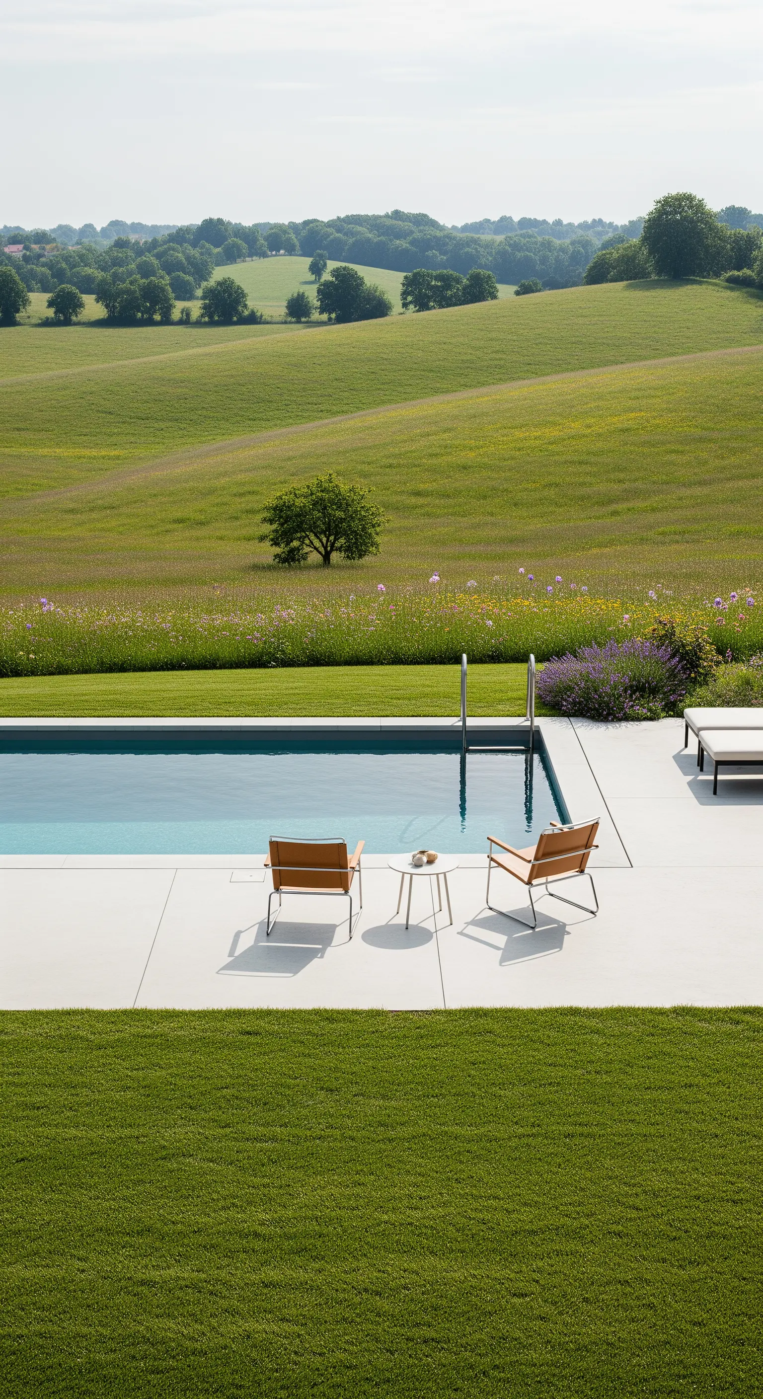 Due poltrone in pelle di fronte a una piscina a sfioro che si affaccia su colline verdi