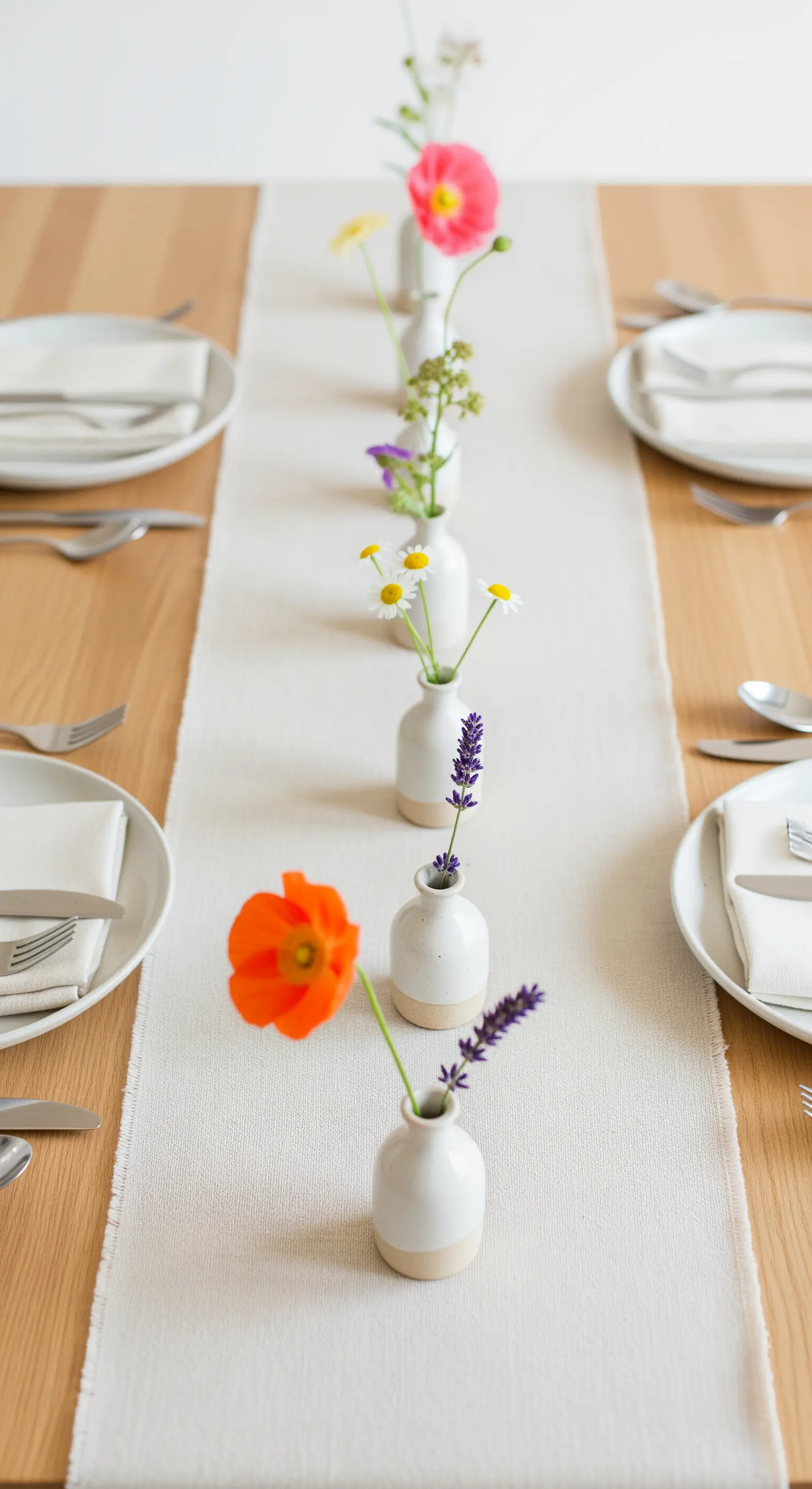 Lungo runner in lino con una fila di piccoli vasi bianchi, ognuno con un singolo fiore.