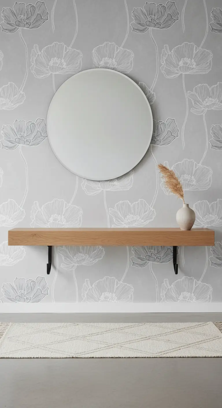 Parete d'ingresso minimalista con carta da parati a fiori stilizzati grigi e mensola in legno.