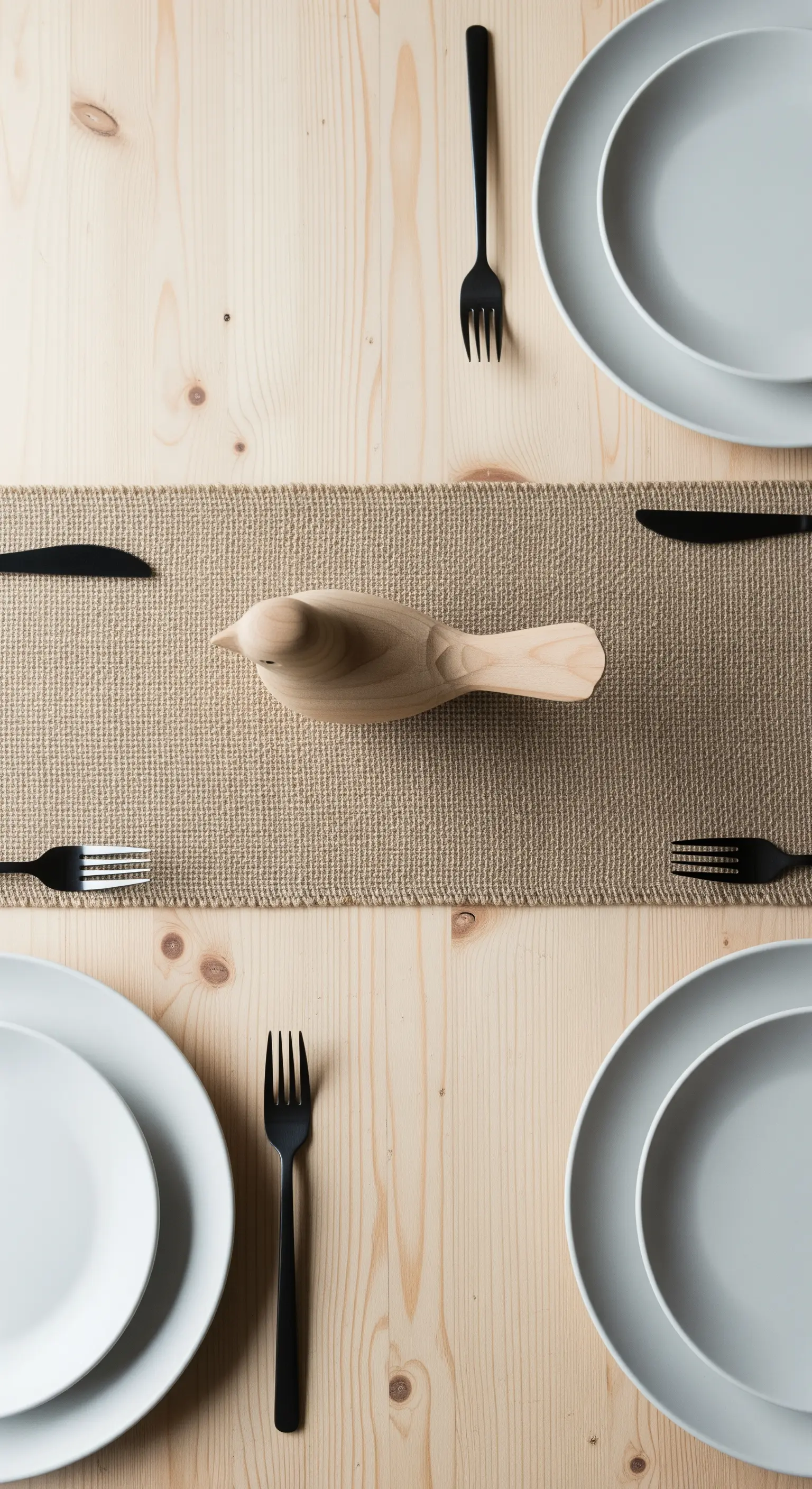 Vista dall'alto di una tavola minimalista con un uccellino di legno su un runner di juta.