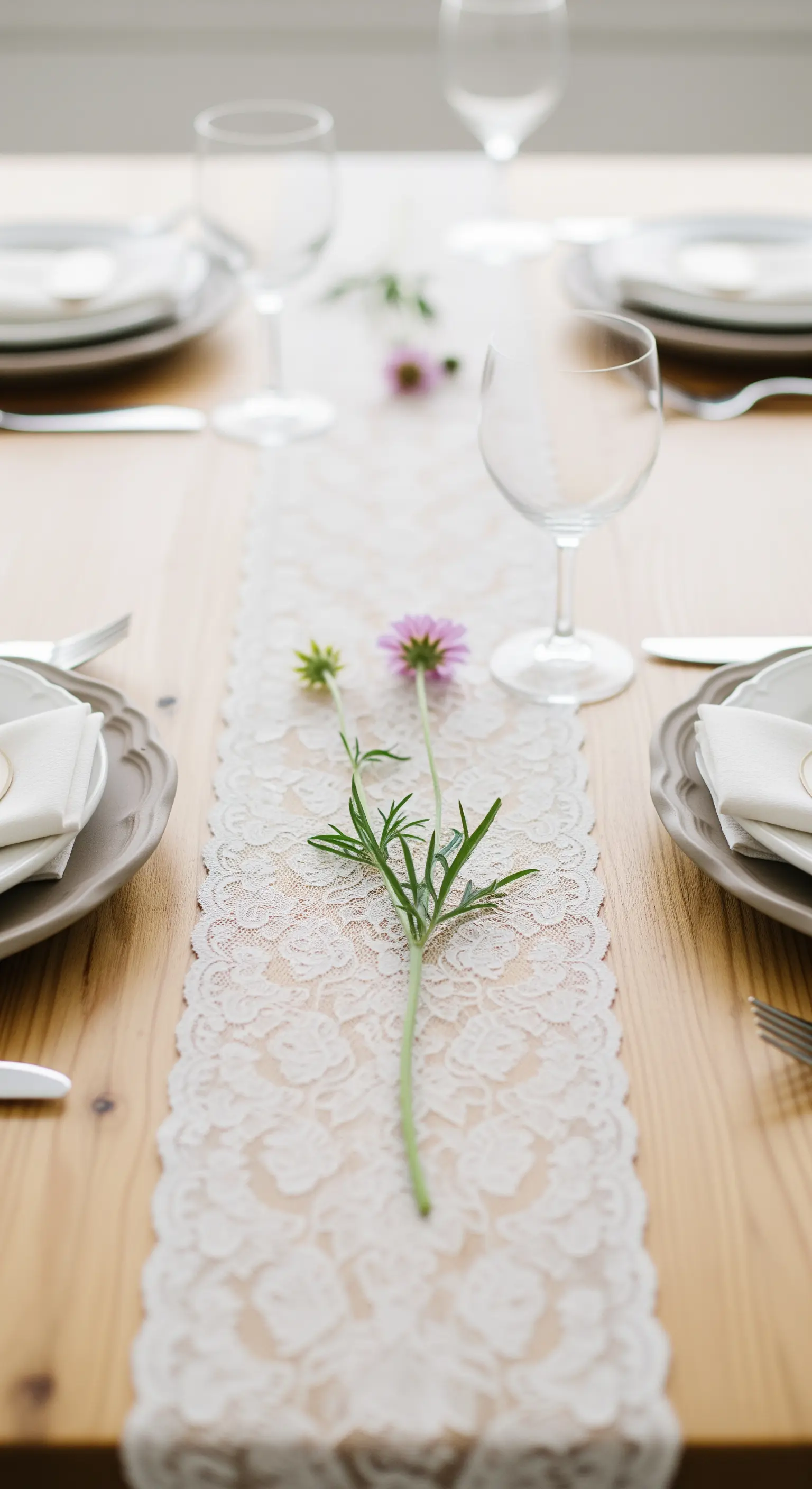 Runner di pizzo bianco su tavolo di legno con un singolo fiore rosa appoggiato sopra