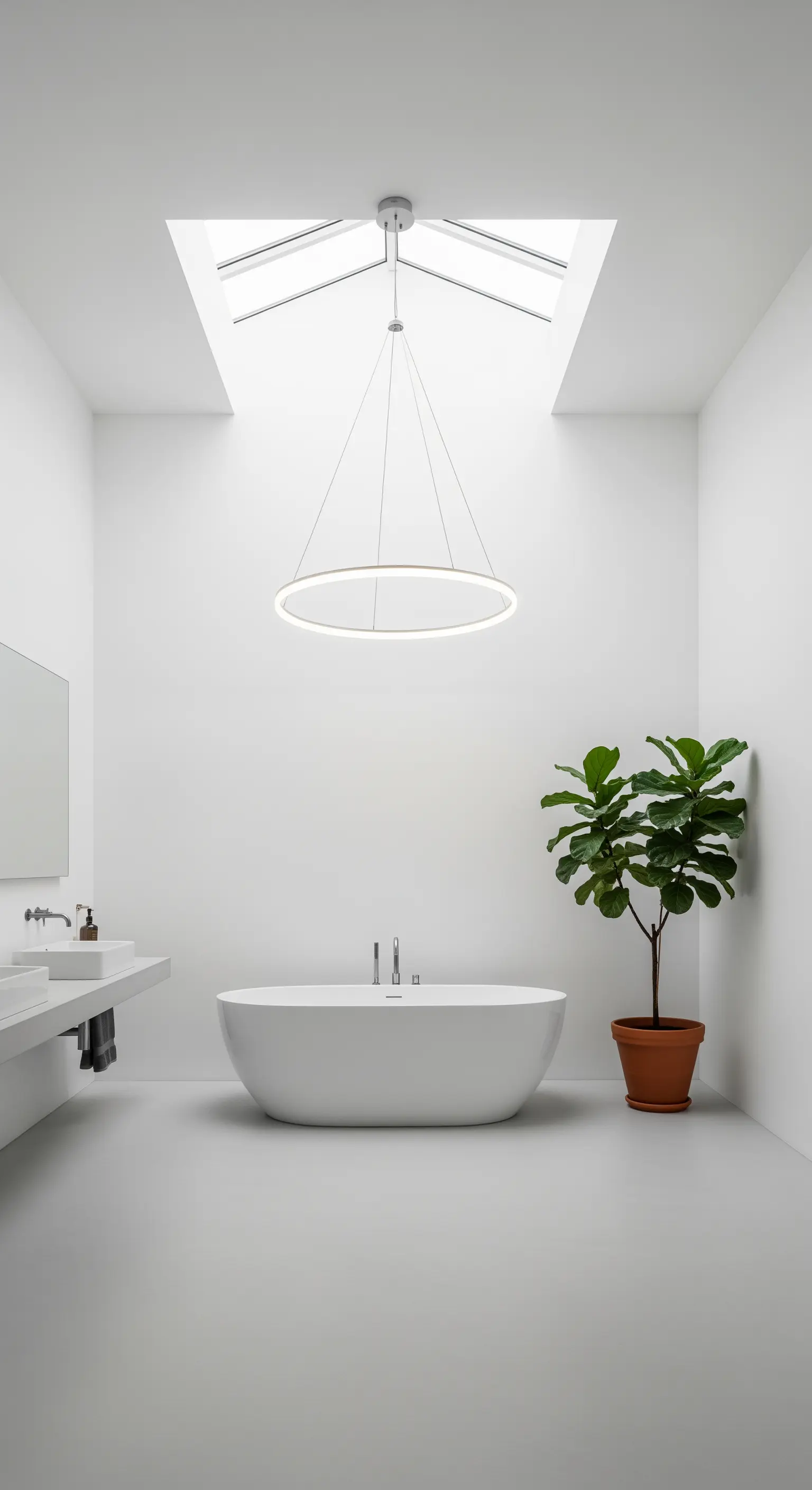 Bagno minimalista bianco con lucernario, lampadario a LED circolare e una pianta verde.