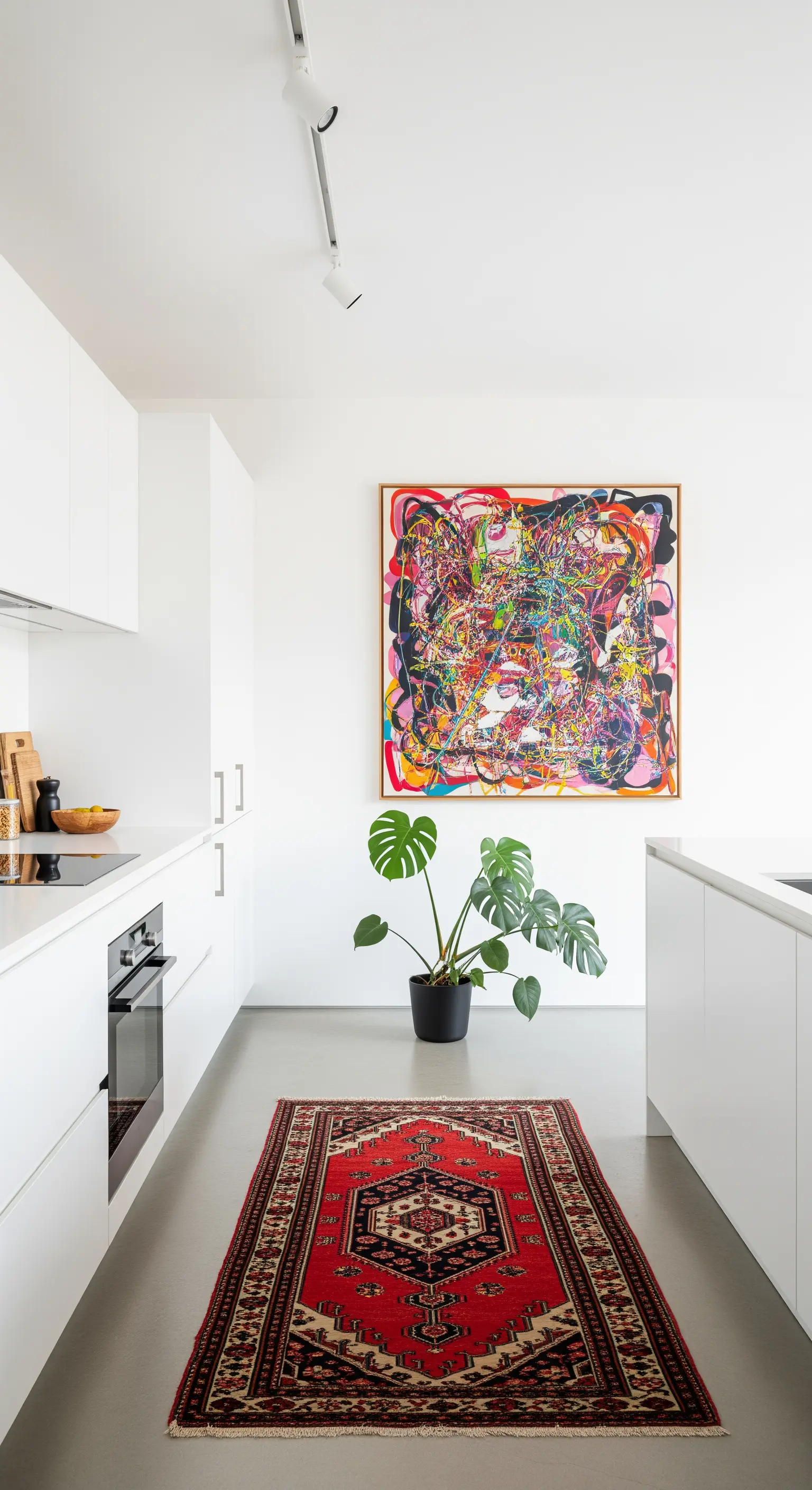 Cucina bianca minimalista con un grande tappeto persiano rosso e un'opera d'arte astratta colorata.