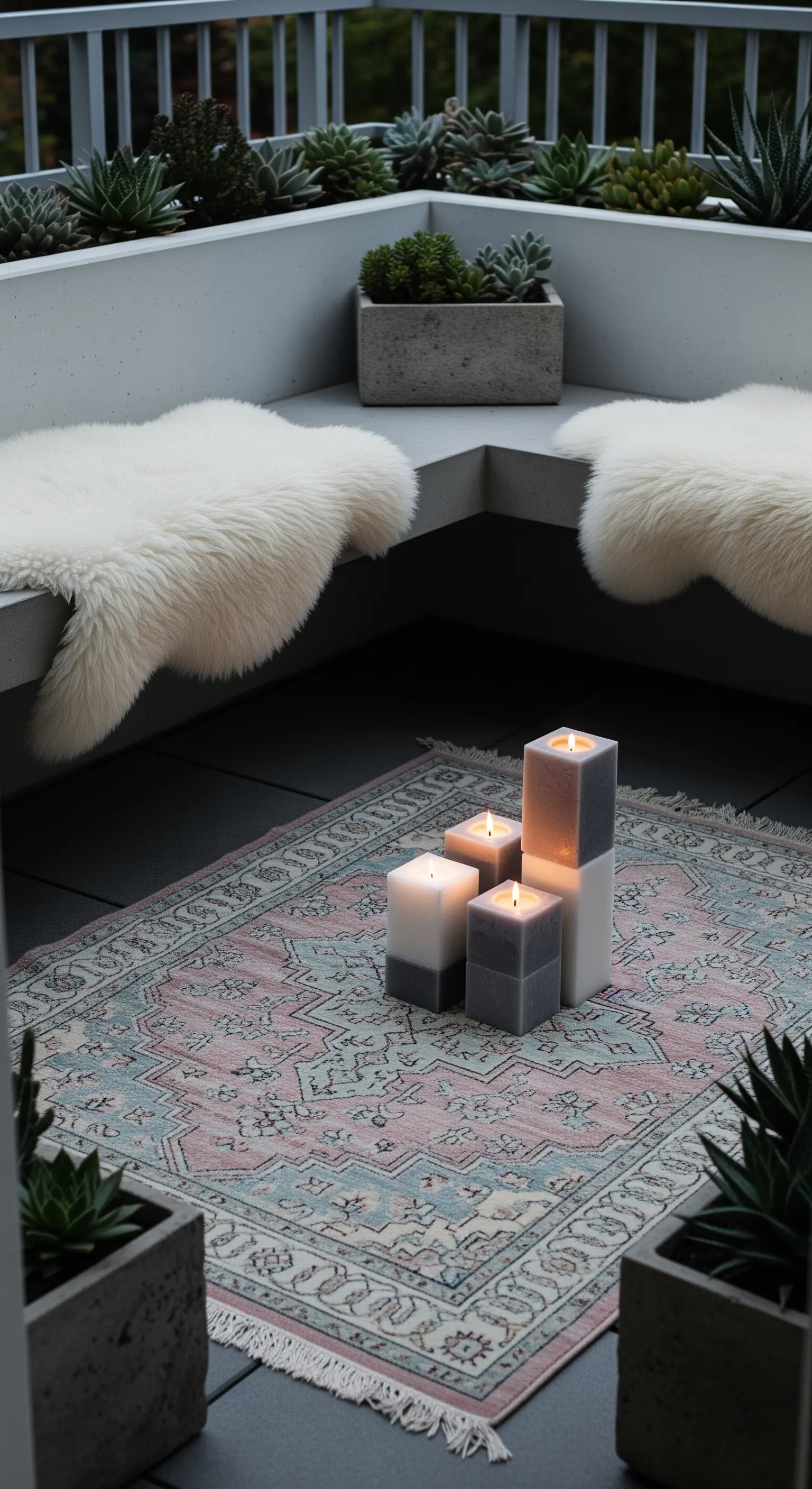 Balcone minimalista in cemento con pelli di pecora, tappeto rosa e candele a blocco.