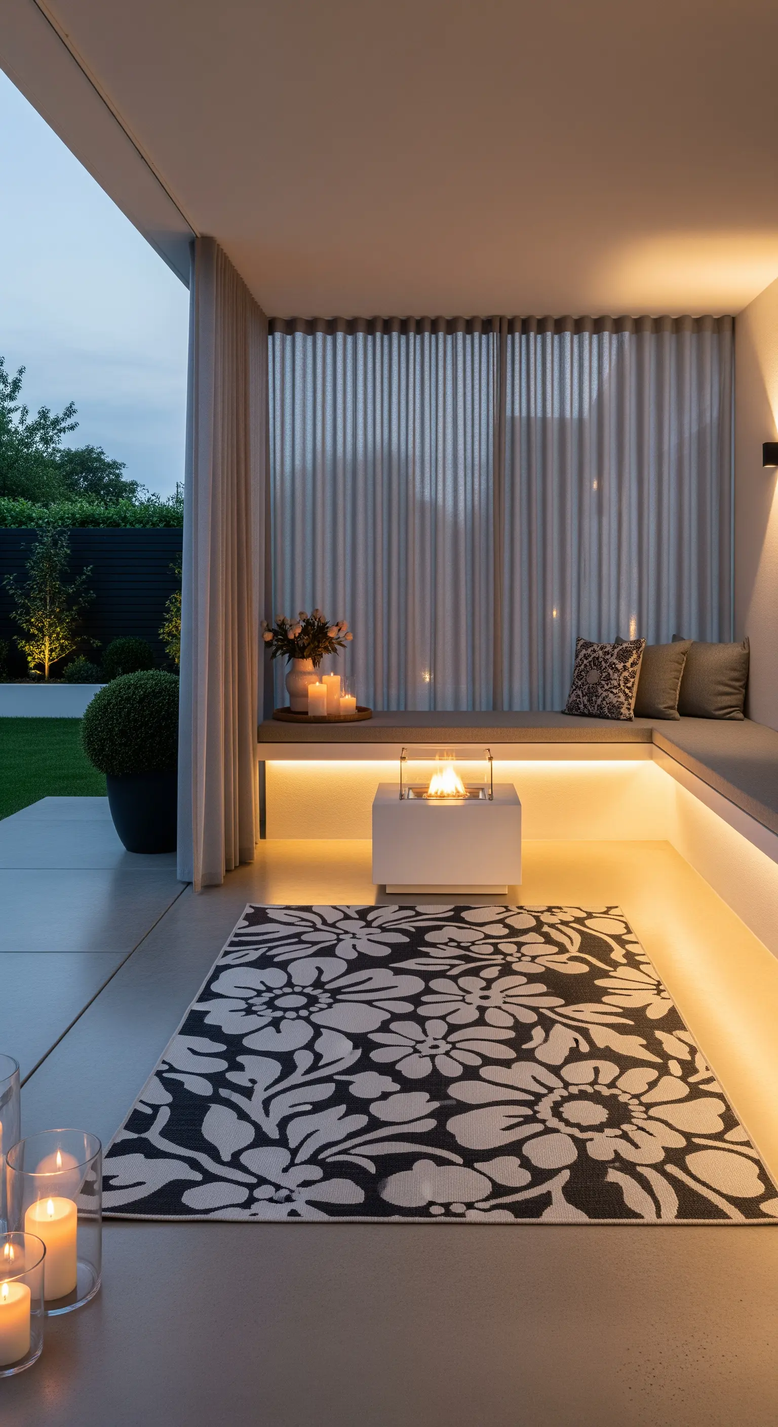 Patio moderno con panca in cemento illuminata da LED, braciere e tappeto floreale bianco e nero.