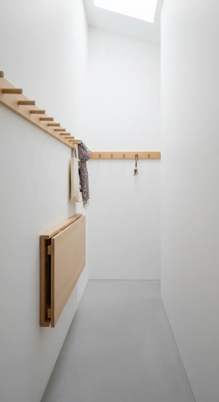 Panca a muro pieghevole e appendiabiti a pioli in un corridoio minimalista.