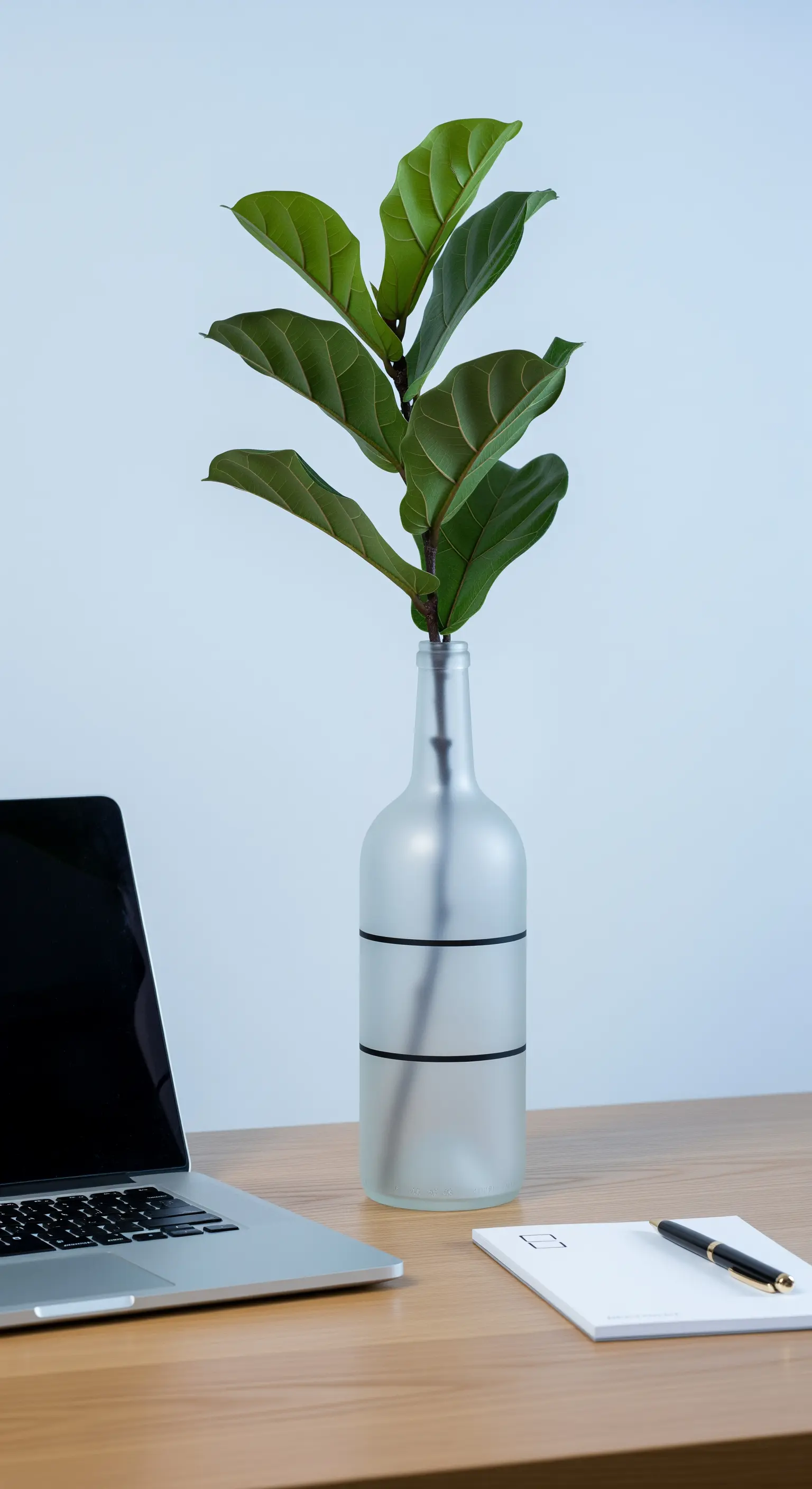 Bottiglia di vino con finitura satinata e righe nere orizzontali su una scrivania.