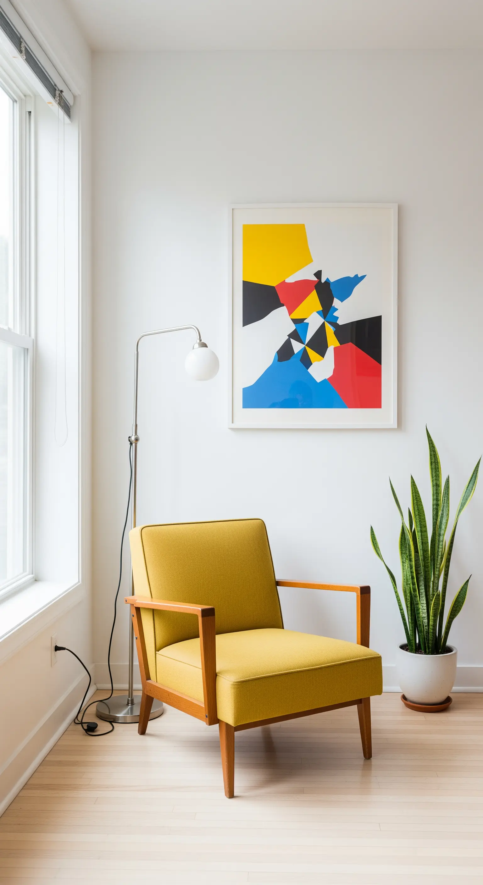 Poltrona senape con struttura in legno in un salotto minimalista con parquet e arte astratta.