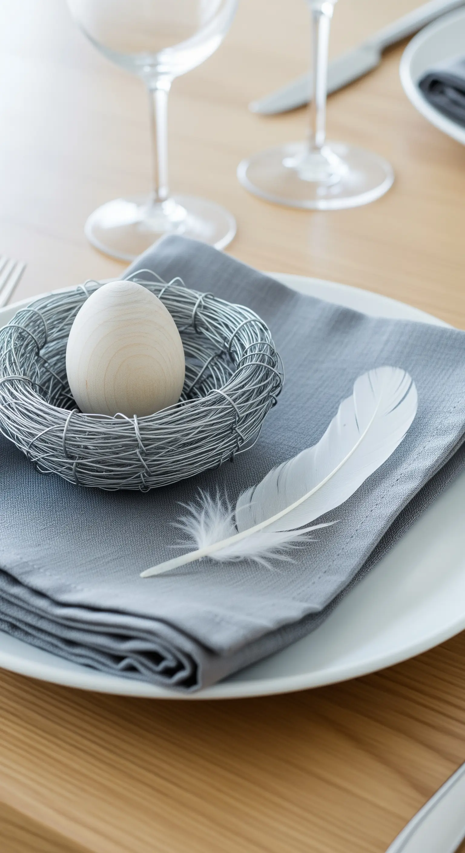 Nido in fil di ferro con uovo di legno e piuma bianca.