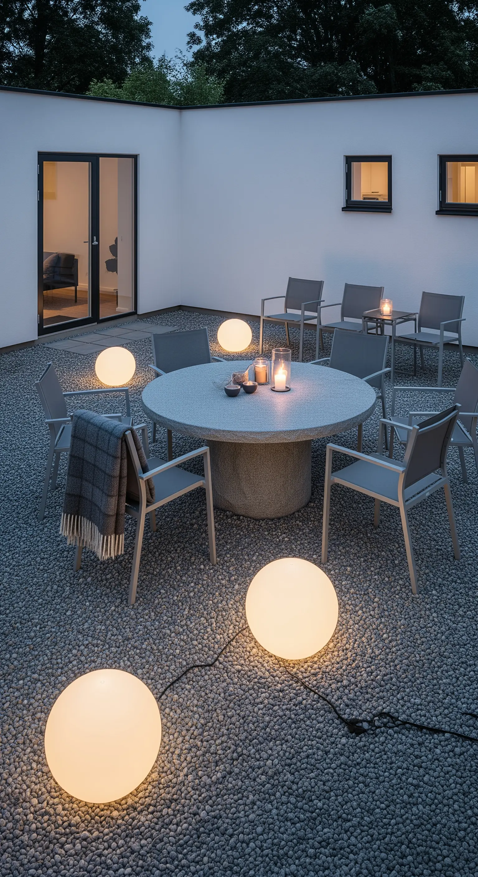 Patio in ghiaia con tavolo rotondo in cemento e grandi sfere luminose appoggiate a terra.