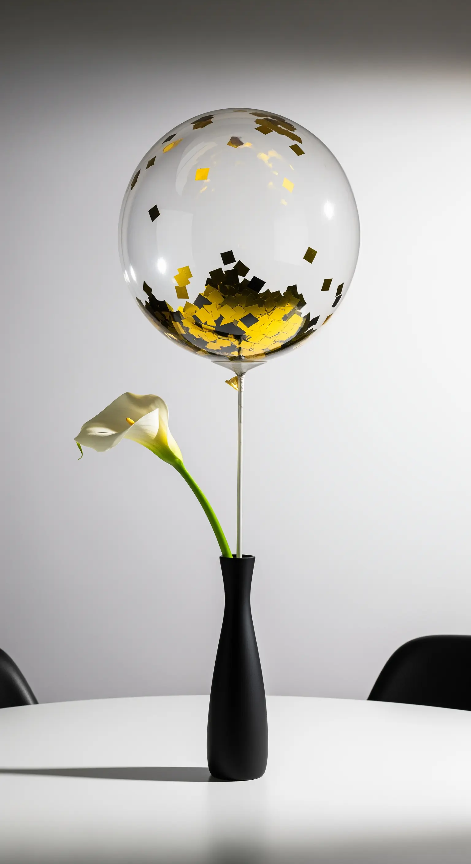 Vaso nero opaco con calla bianca e palloncino trasparente con coriandoli dorati quadrati.