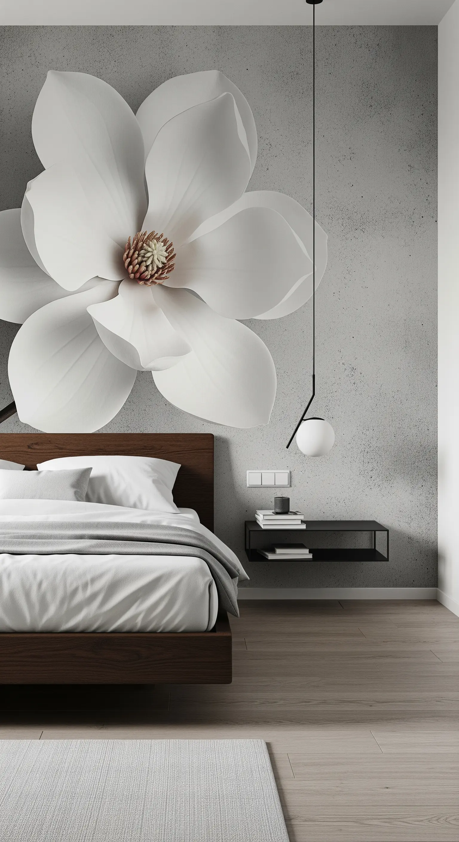 Parete effetto cemento con una grande magnolia bianca dietro a un letto minimalista.