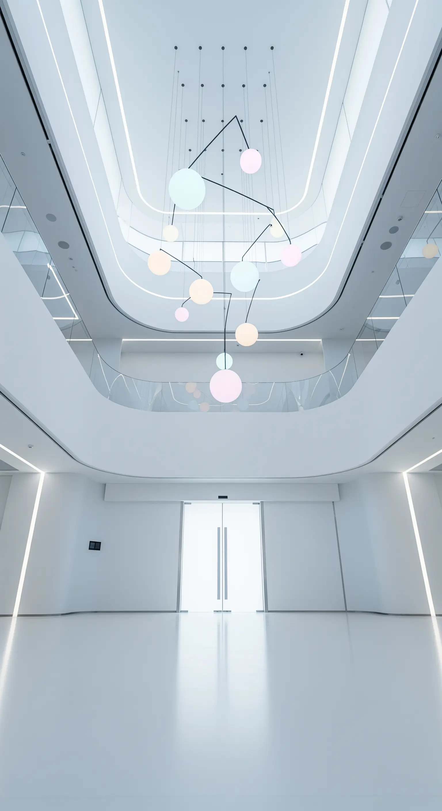 Ingresso futuristico total white con linee curve e un lampadario mobile con sfere colorate.
