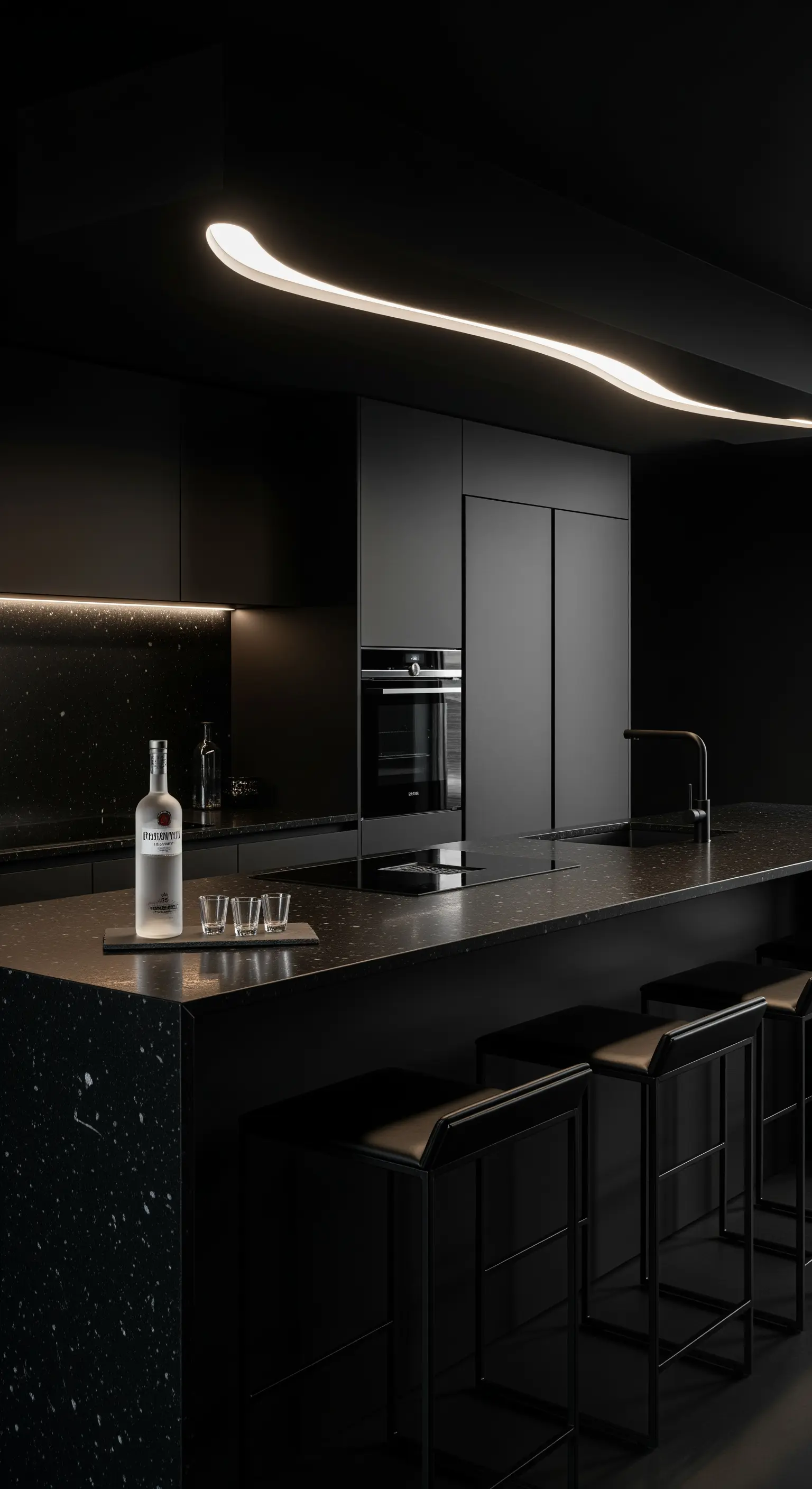 Cucina ultra moderna total black con illuminazione a LED scultorea e sgabelli minimalisti.